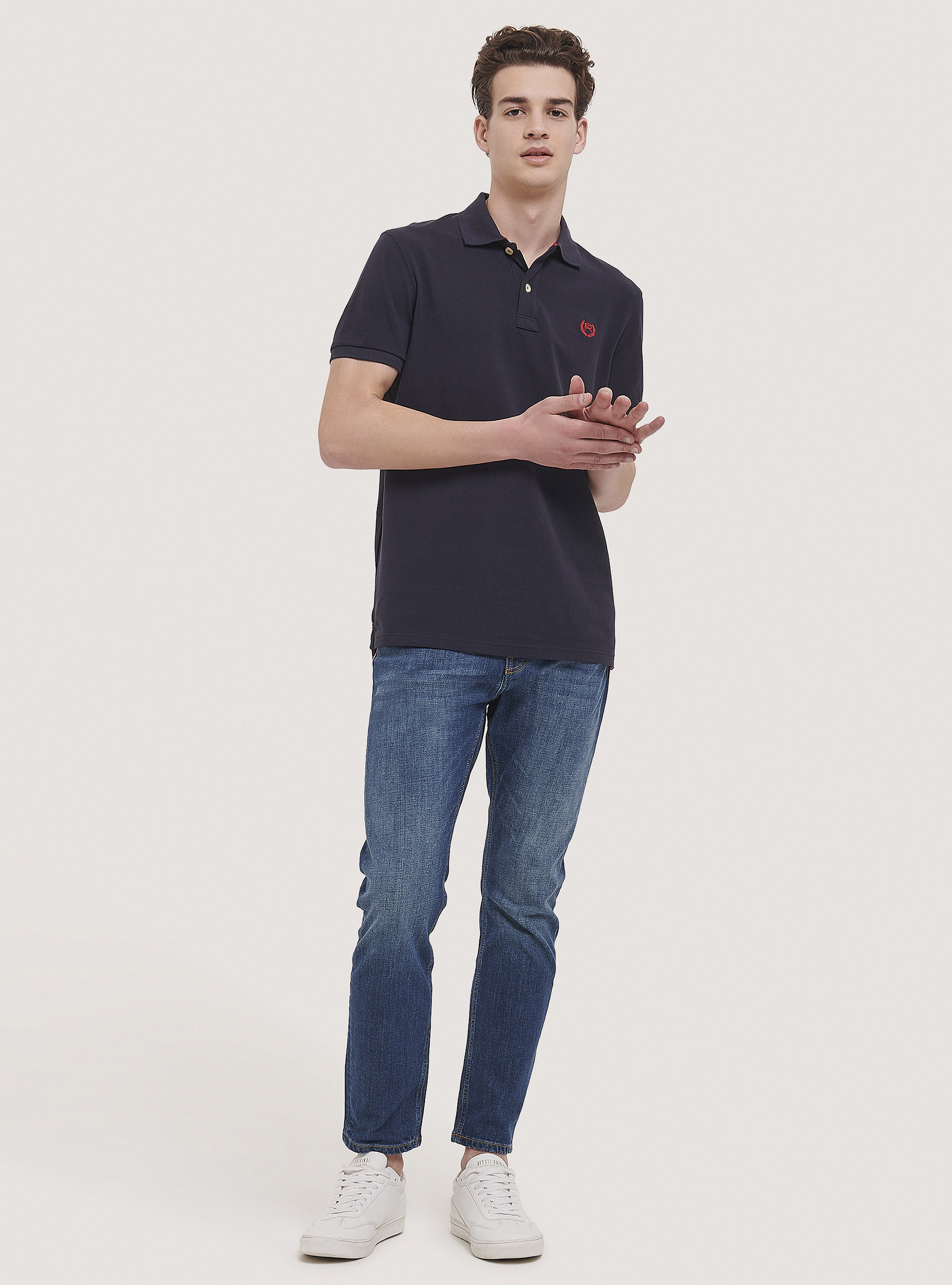Cotton pique polo shirt with embroidery, BLUE NAVY