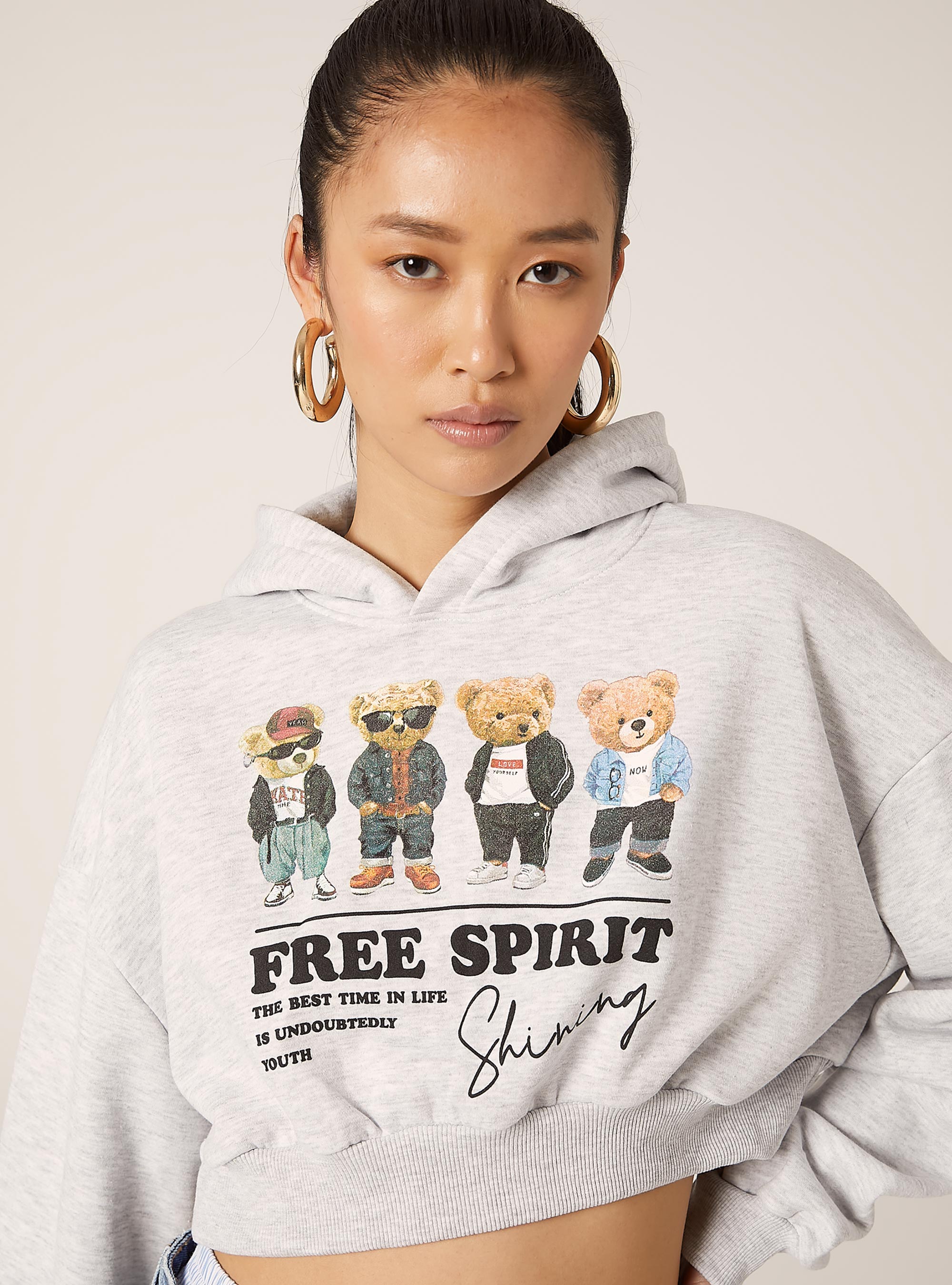 Sudadera crop fit con estampado Teddy, MGY3 GREY MEL LIGHT