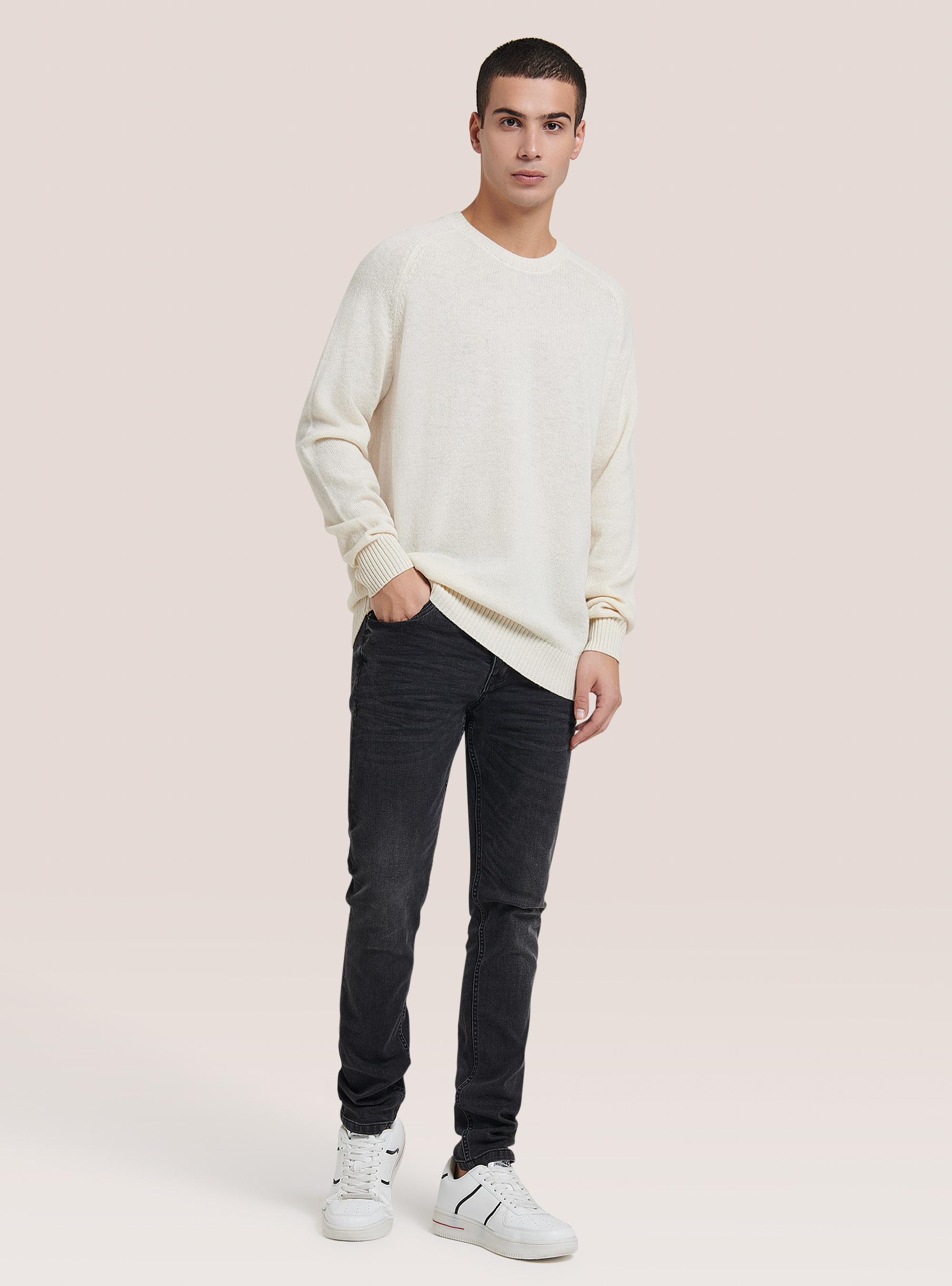 Wool blend crew-neck pullover, WHITE