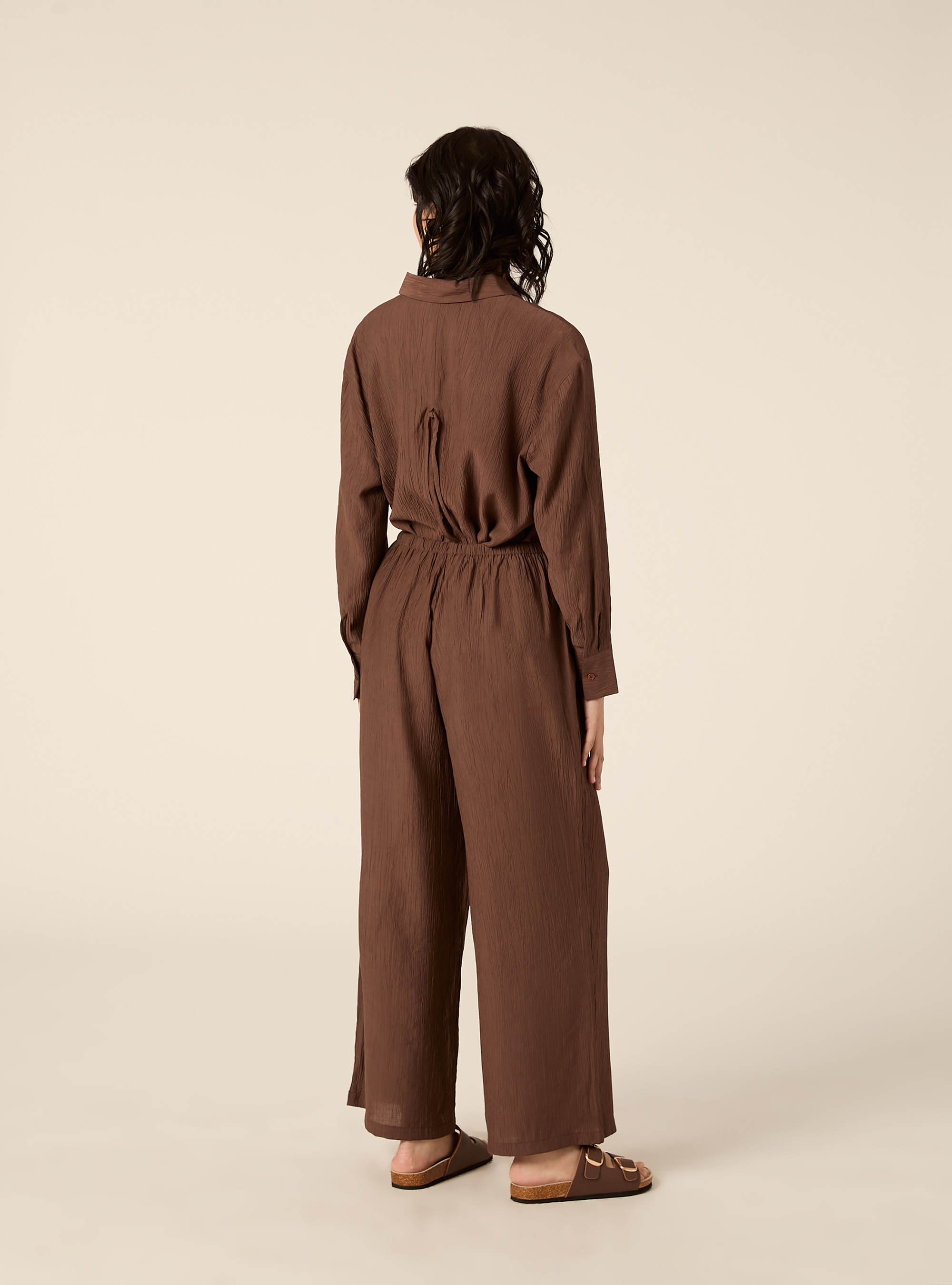 Pantaloni ampi con vita elasticizzata in crepe, MARRONE MEDIO