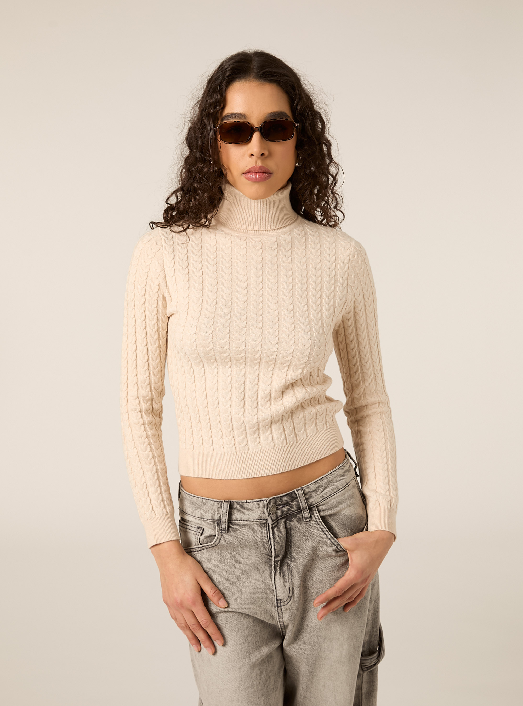 Maglia collo alto a trecce, MCR2 CREAM MEL MED