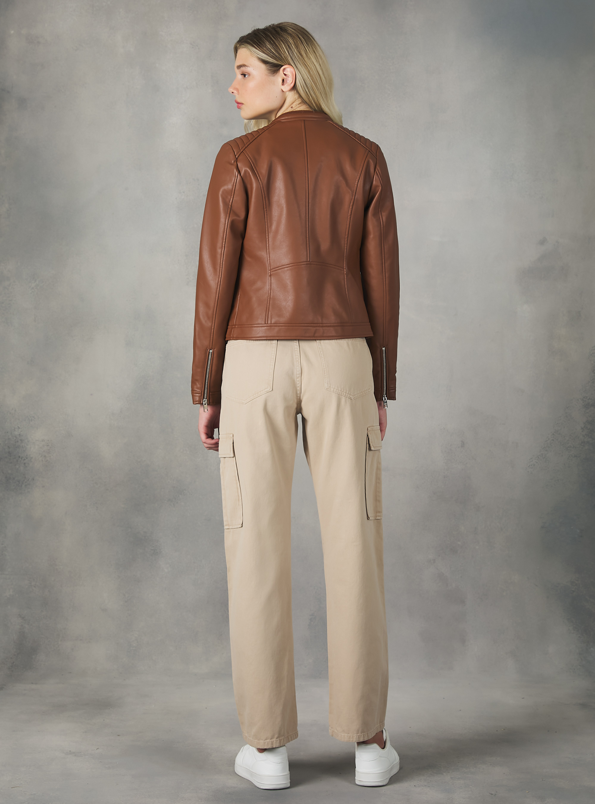 Leather-effect biker jacket, TB3 TOBACCO LIGHT