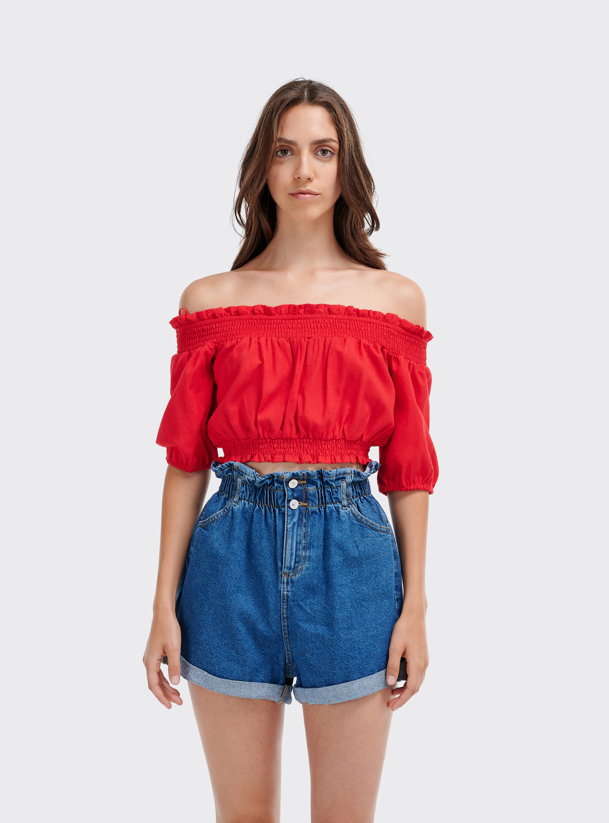 Blusa cropped con maniche a sbuffo, ROSSO