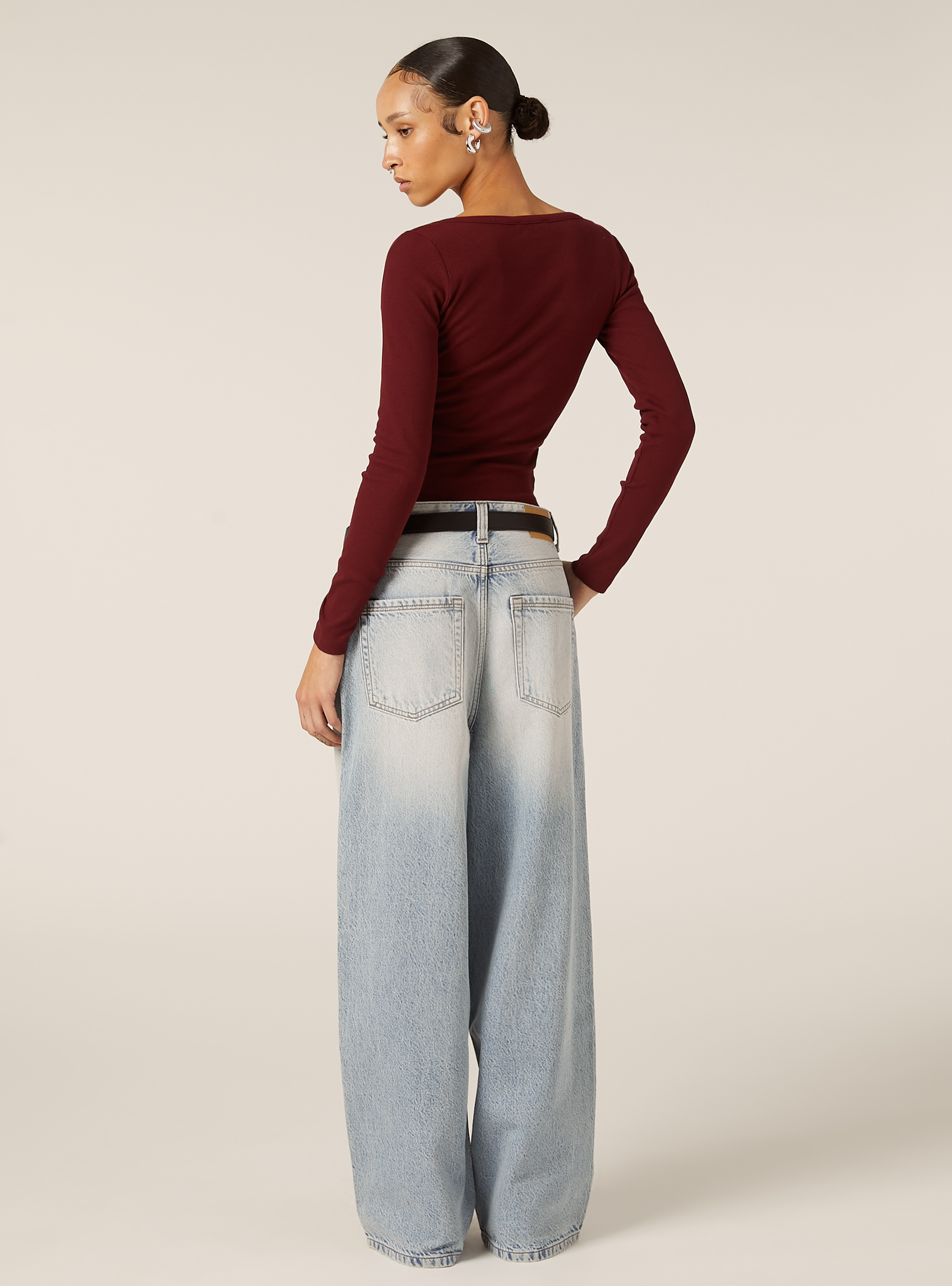 Long-sleeved V-neck T-shirt, BO1 BORDEAUX DARK