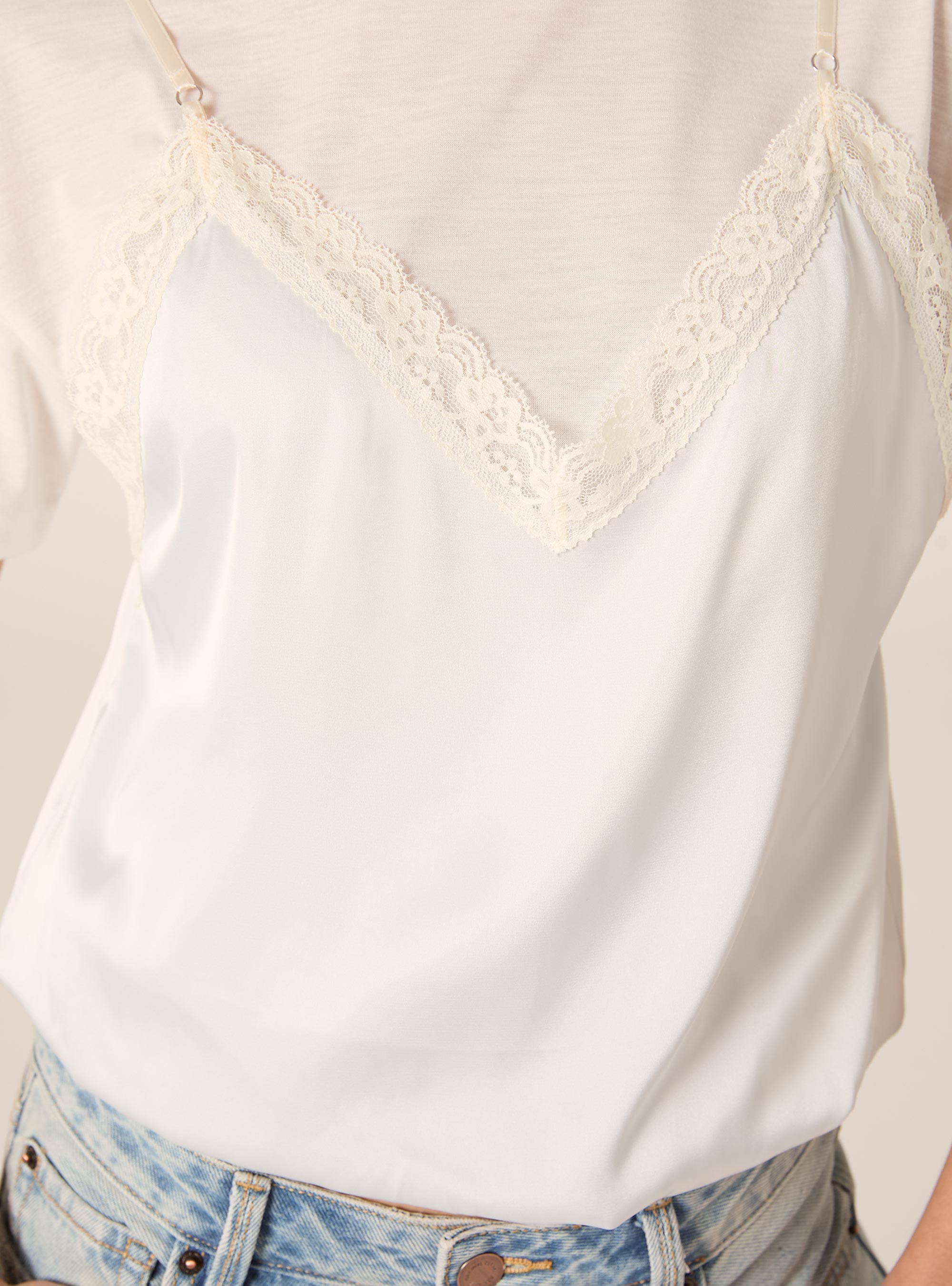 T-shirt combinata con top satin in pizzo, WH1 OFF WHITE