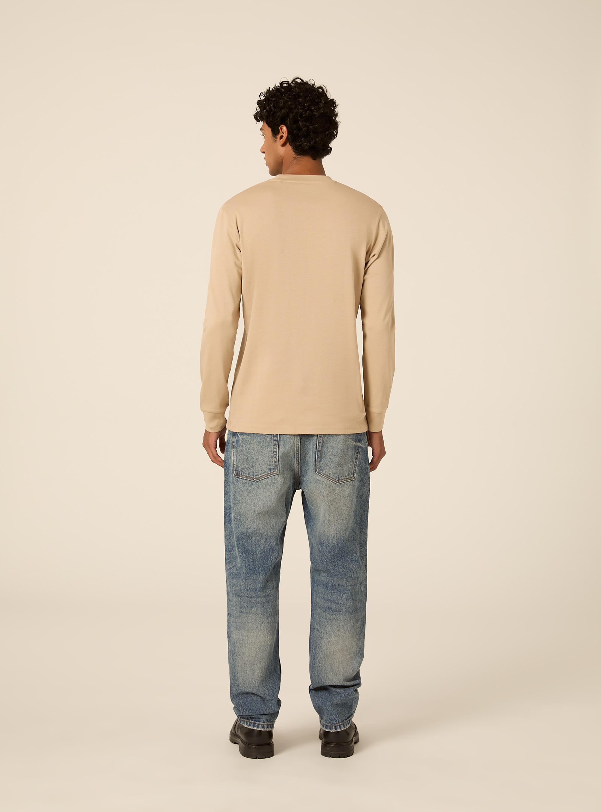 Maglia girocollo maniche lunghe interlock, BEIGE MEDIO