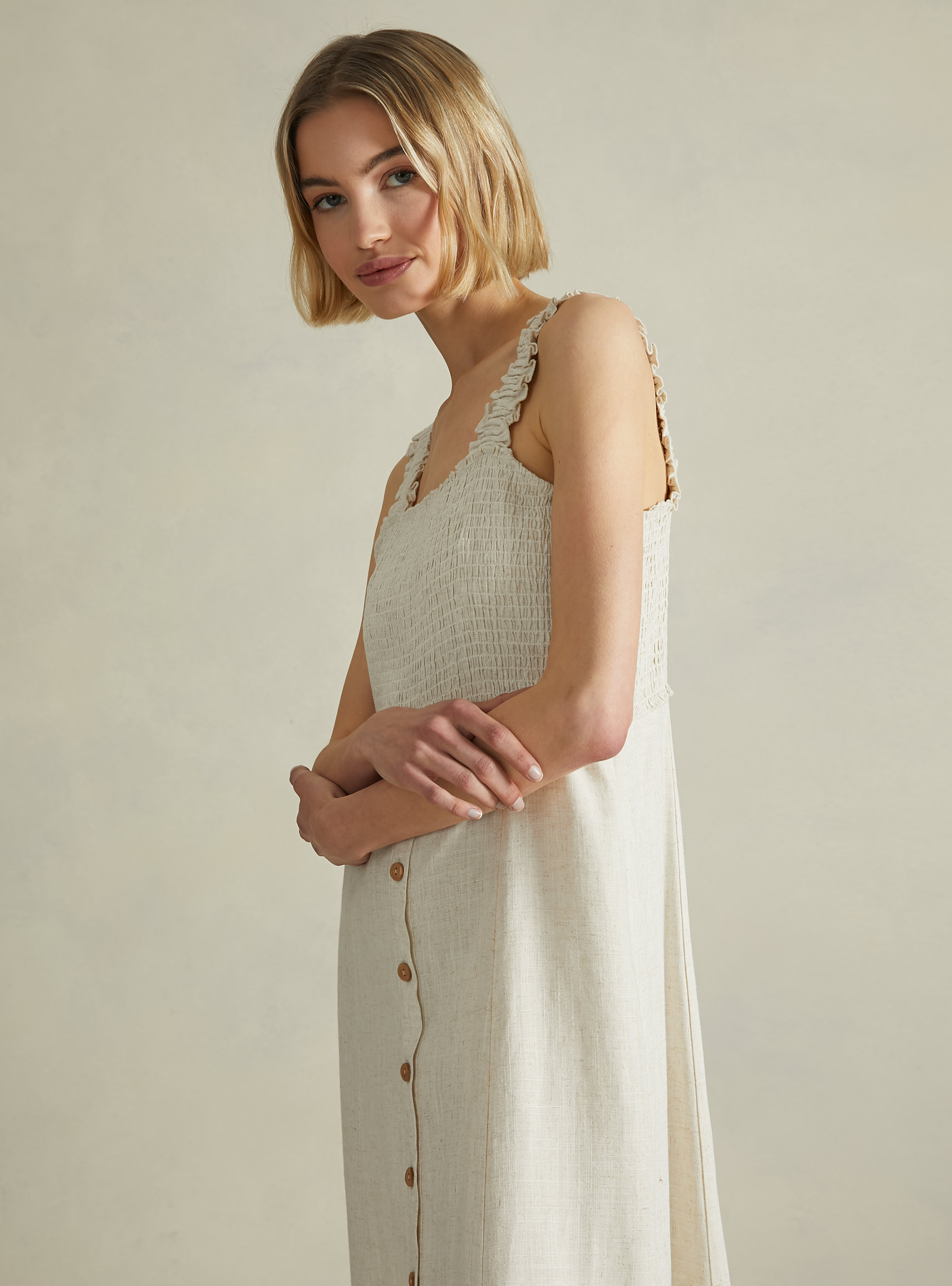 Vestito midi in misto lino, BG3 BEIGE LIGHT