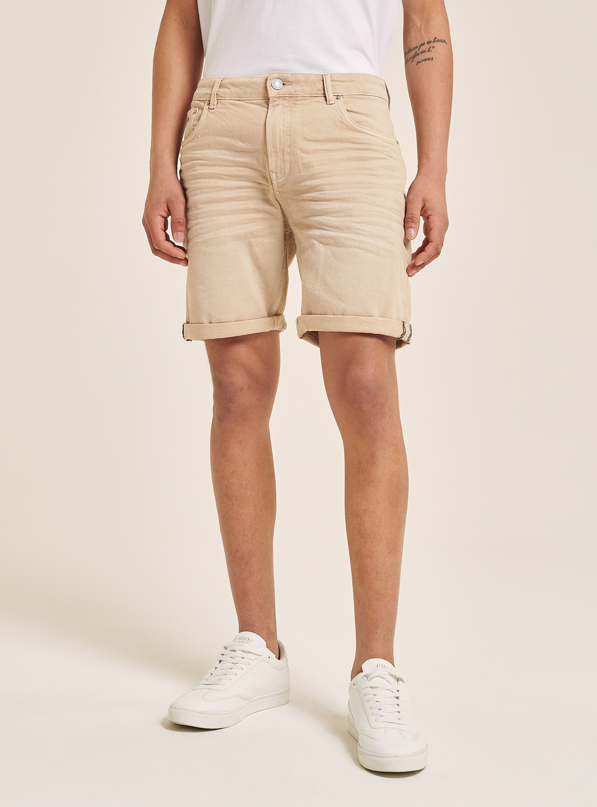 Bermudas de sarga de algodón elástico tenido en prenda, BG3 BEIGE LIGHT