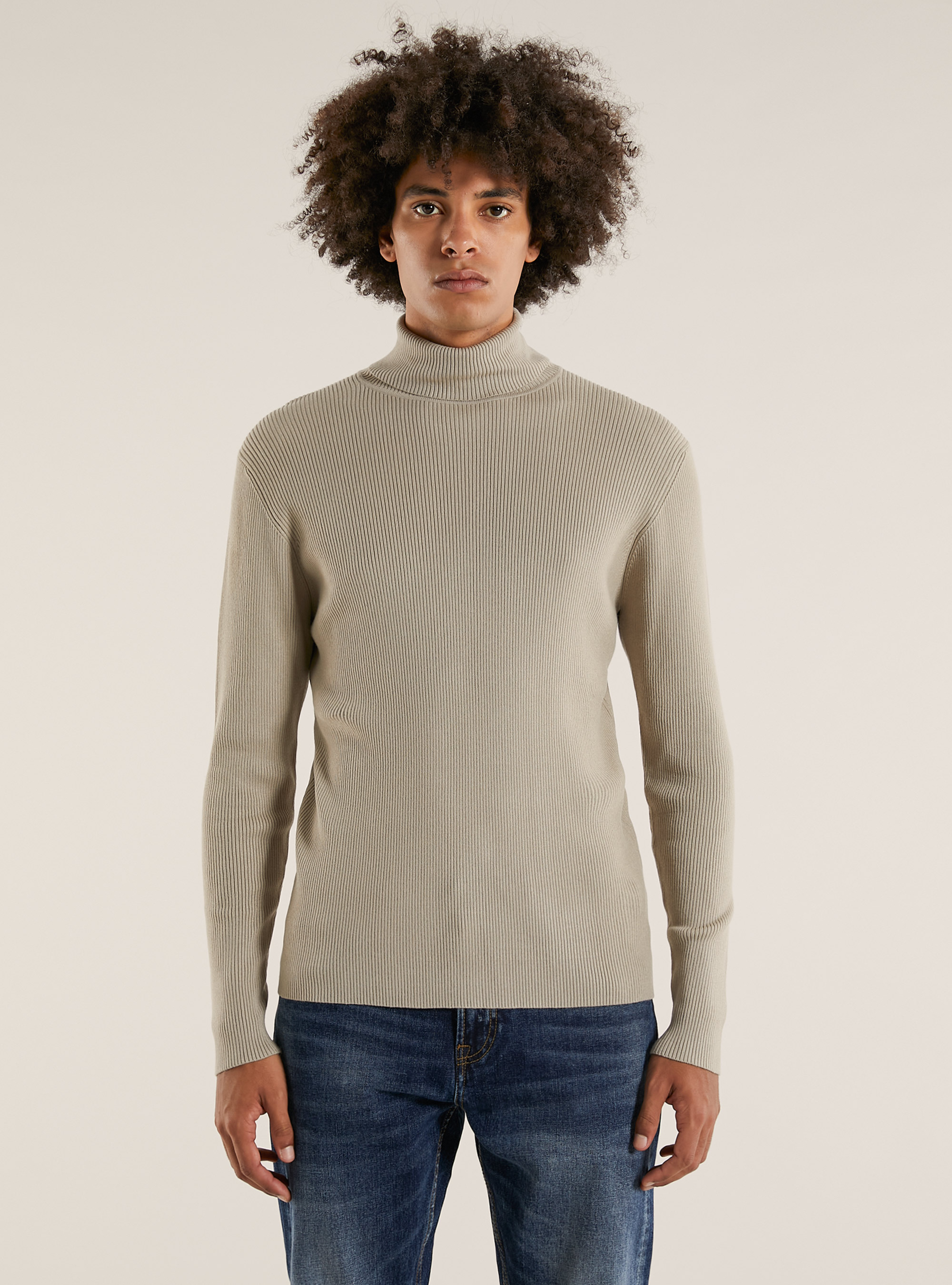 Pullover a collo alto a coste, BG2 BEIGE MEDIUM