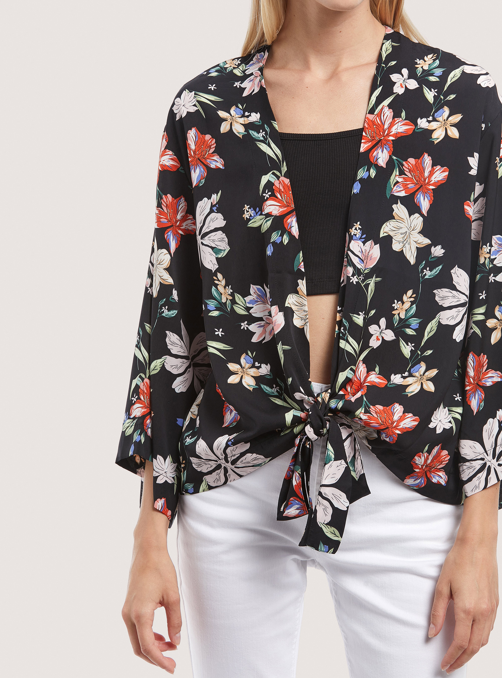 Kimono avec imprimé floral, FL101 FLOWER BLACK
