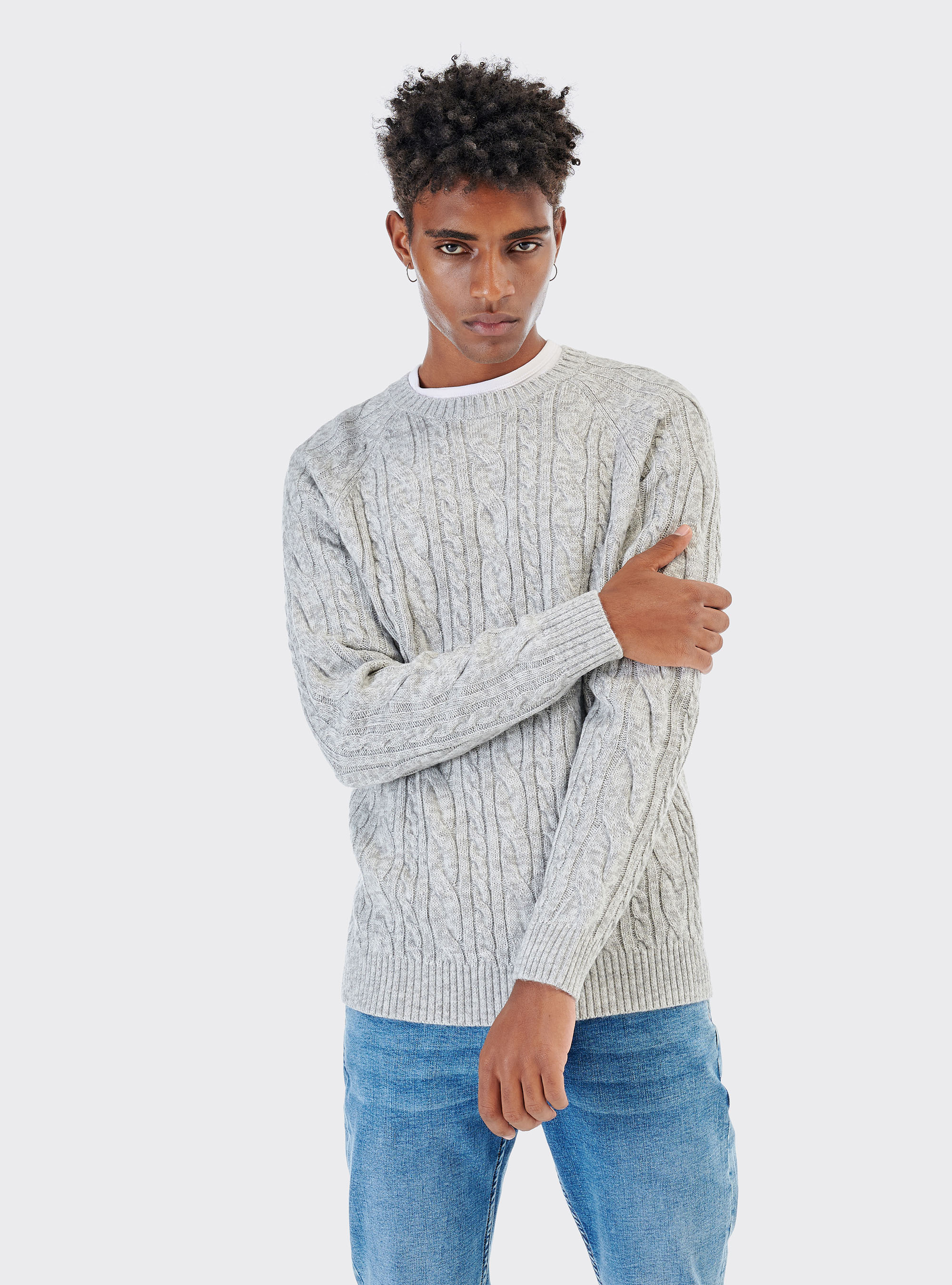 Pullover in misto lana con lavorazione a trecce, PERLA