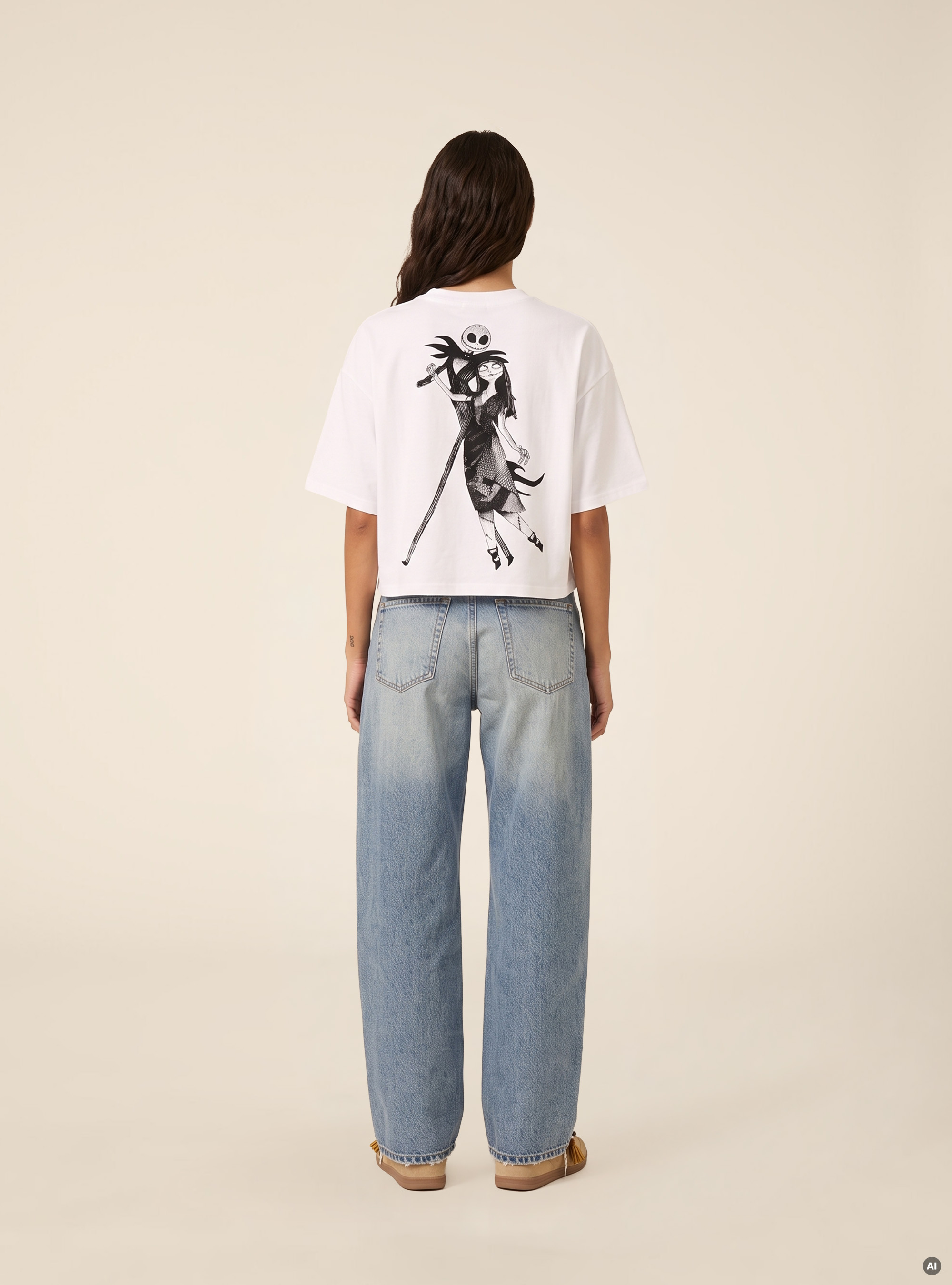 Camiseta crop con estampado Nightmare Before Christmas, WH3 WHITE
