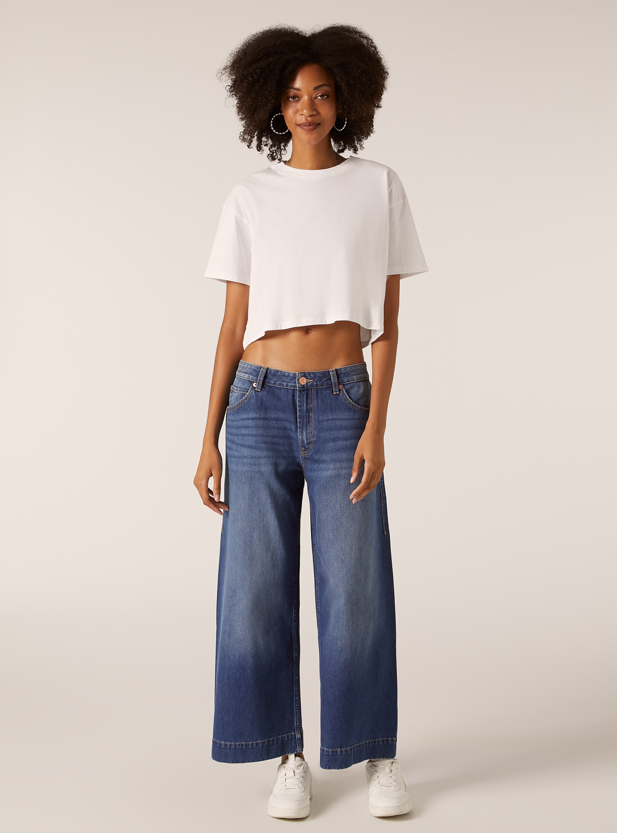 Coloured wide leg cropped jeans, D003 MEDIUM BLUE