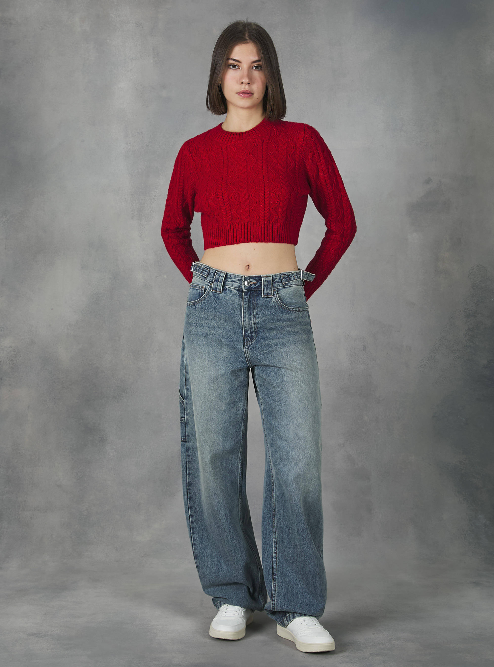 Cropped pullover with braids, RD2 RED MEDIUM
