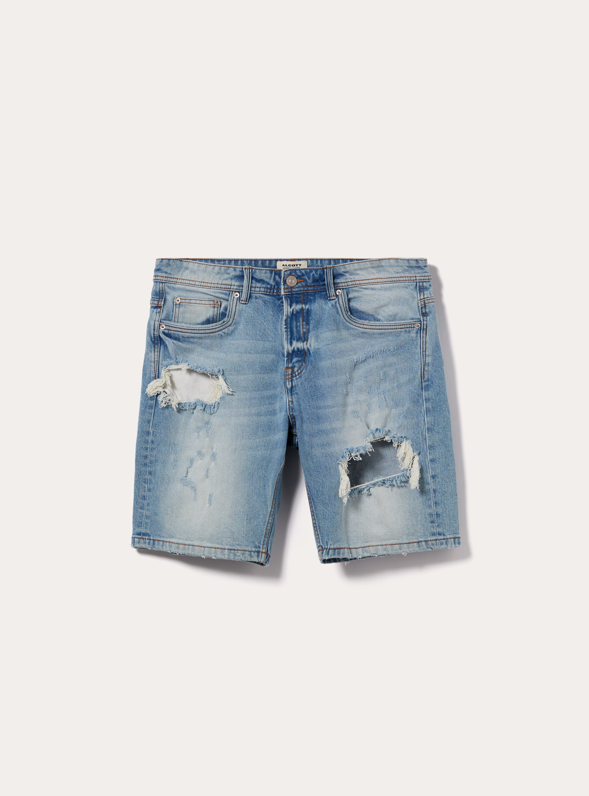 Bermuda in denim stretch slim fit con strappi, D008 SUPER LIGHT BLUE