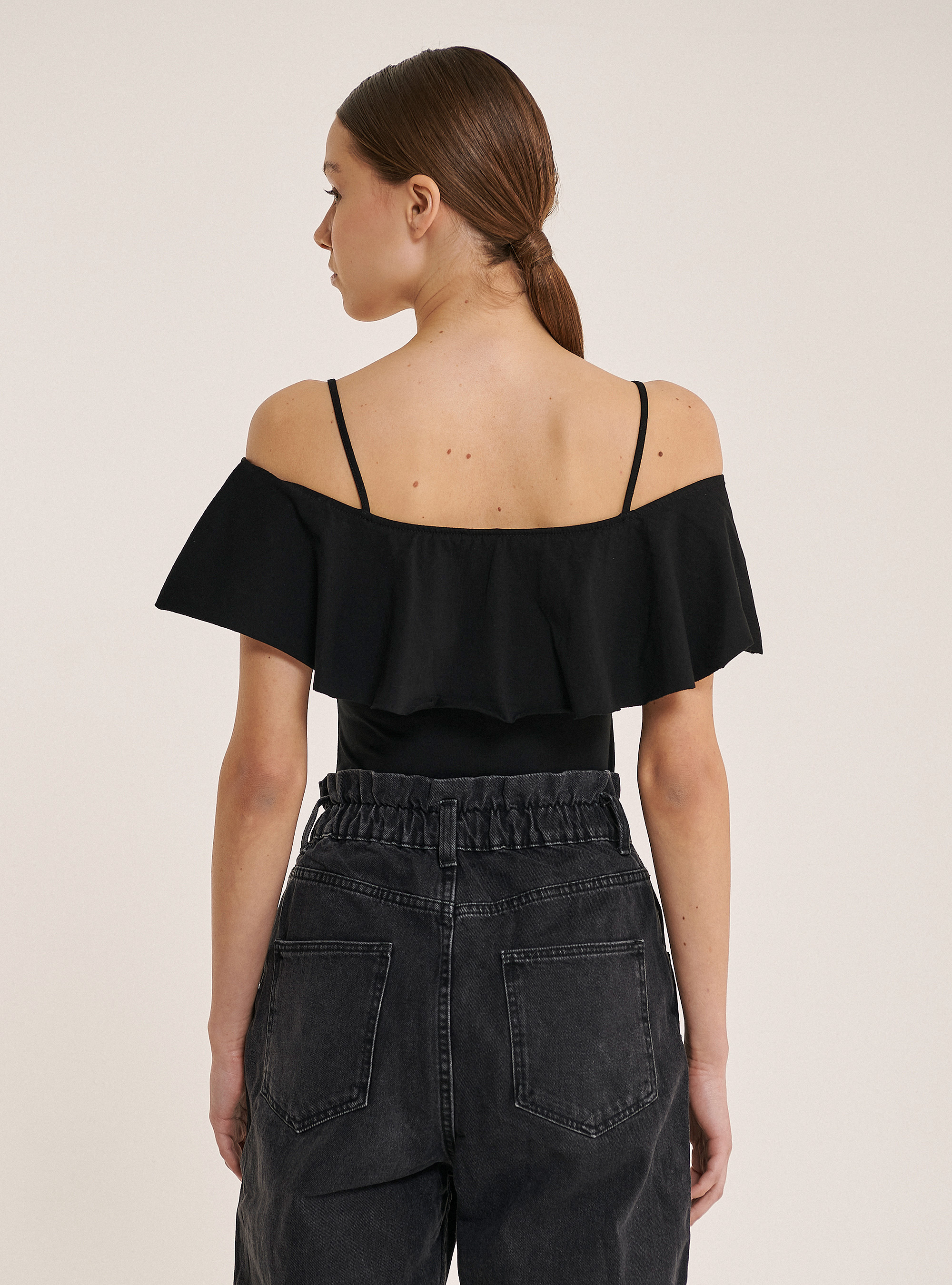 Body de algod&oacute;n con volantes, NEGRO