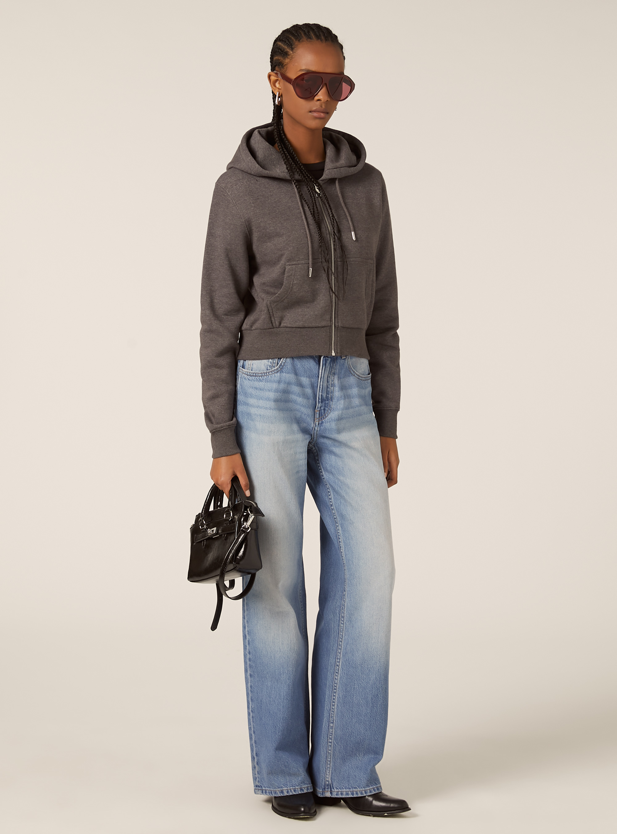 Sweat à capuche zippé court, MGY1 GREY MEL DARK