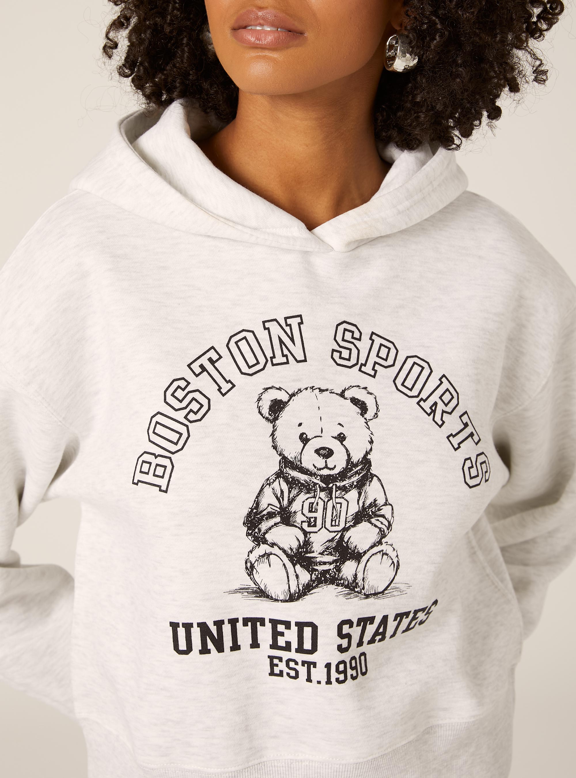 Felpa boxy cappuccio con stampa teddy, MGY3 GREY MEL LIGHT