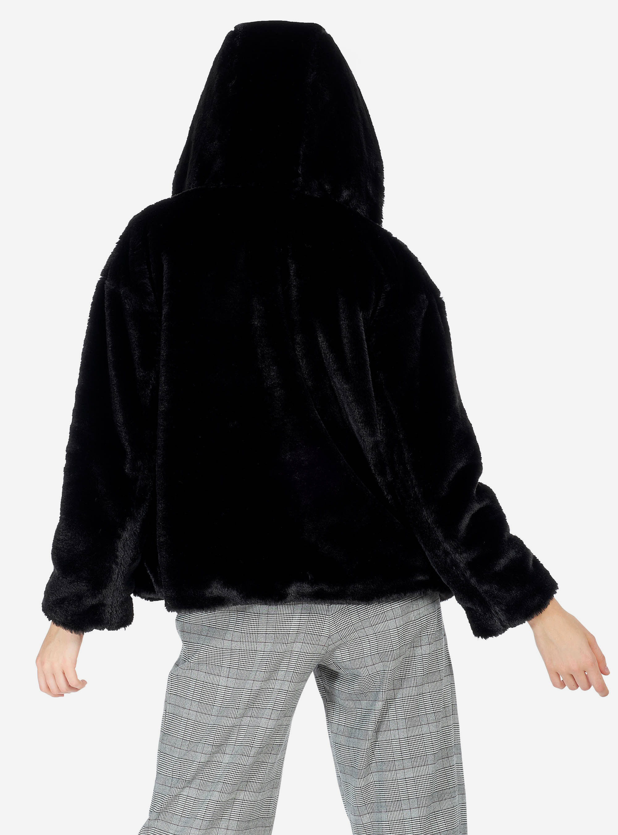 Manteau court en fausse fourrure avec capuche, C101 BLACK