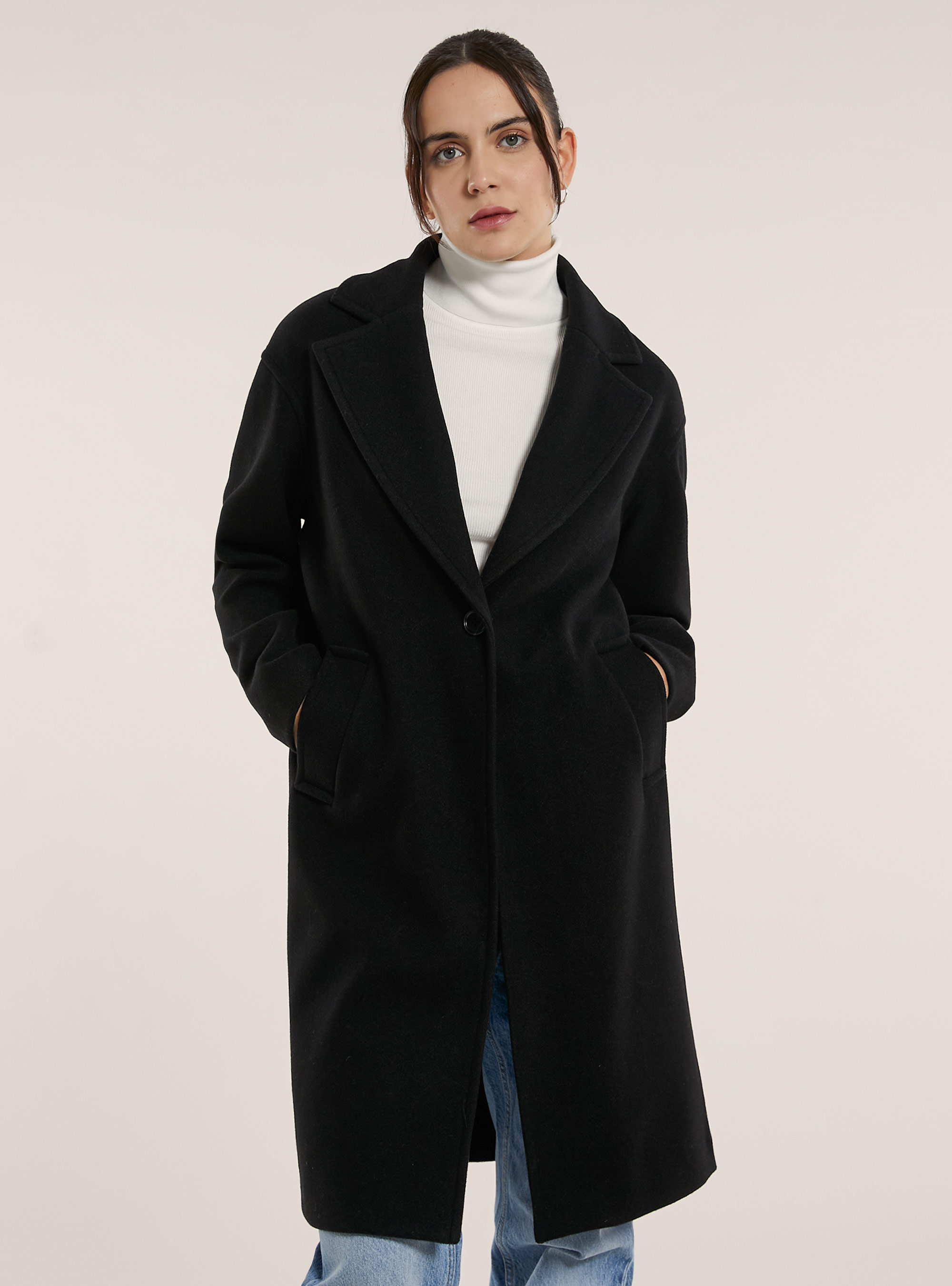 Plain single-breasted coat, BK1 BLACK
