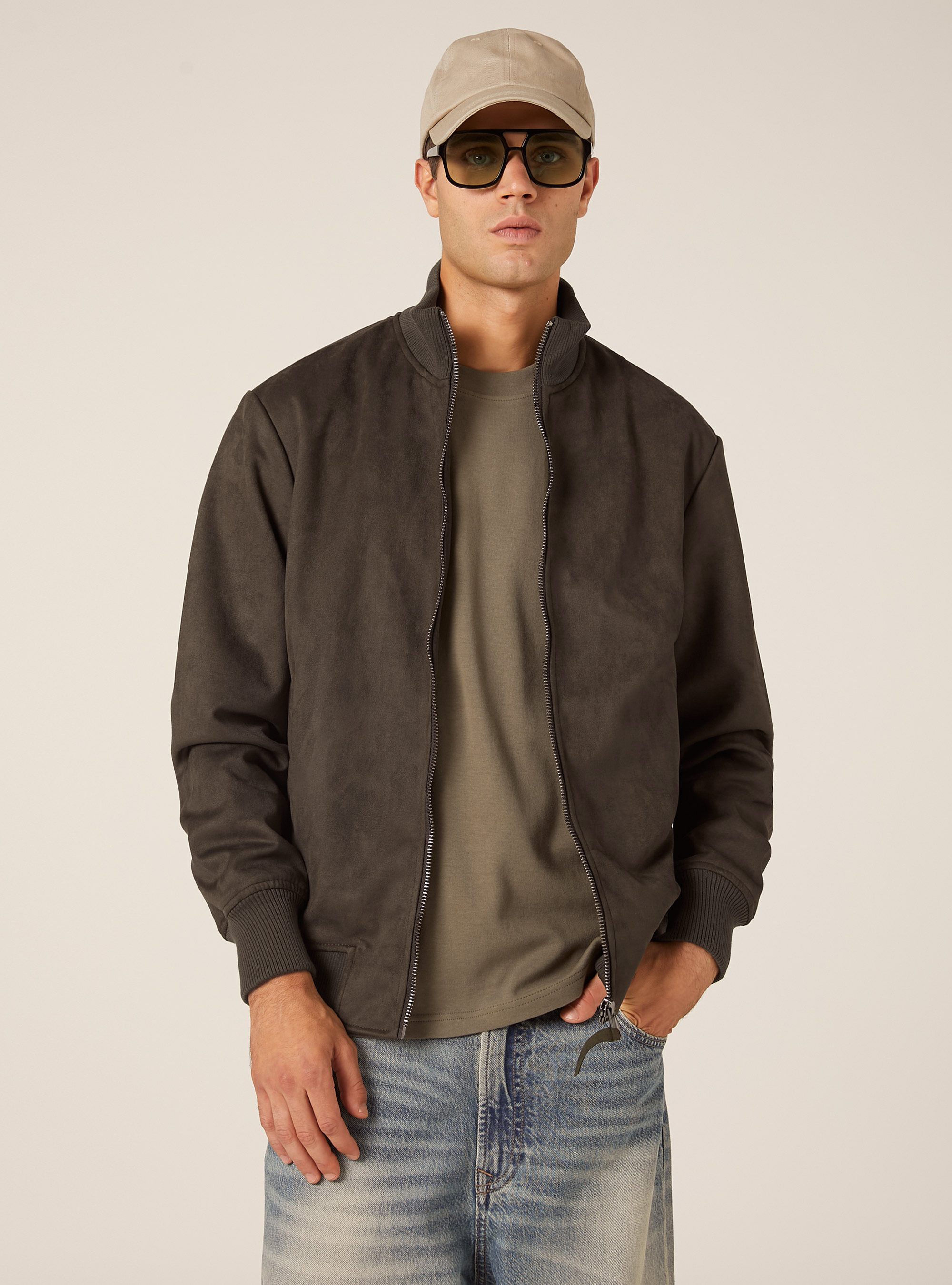Suede-effect bomber jacket, GY1 GREY DARK