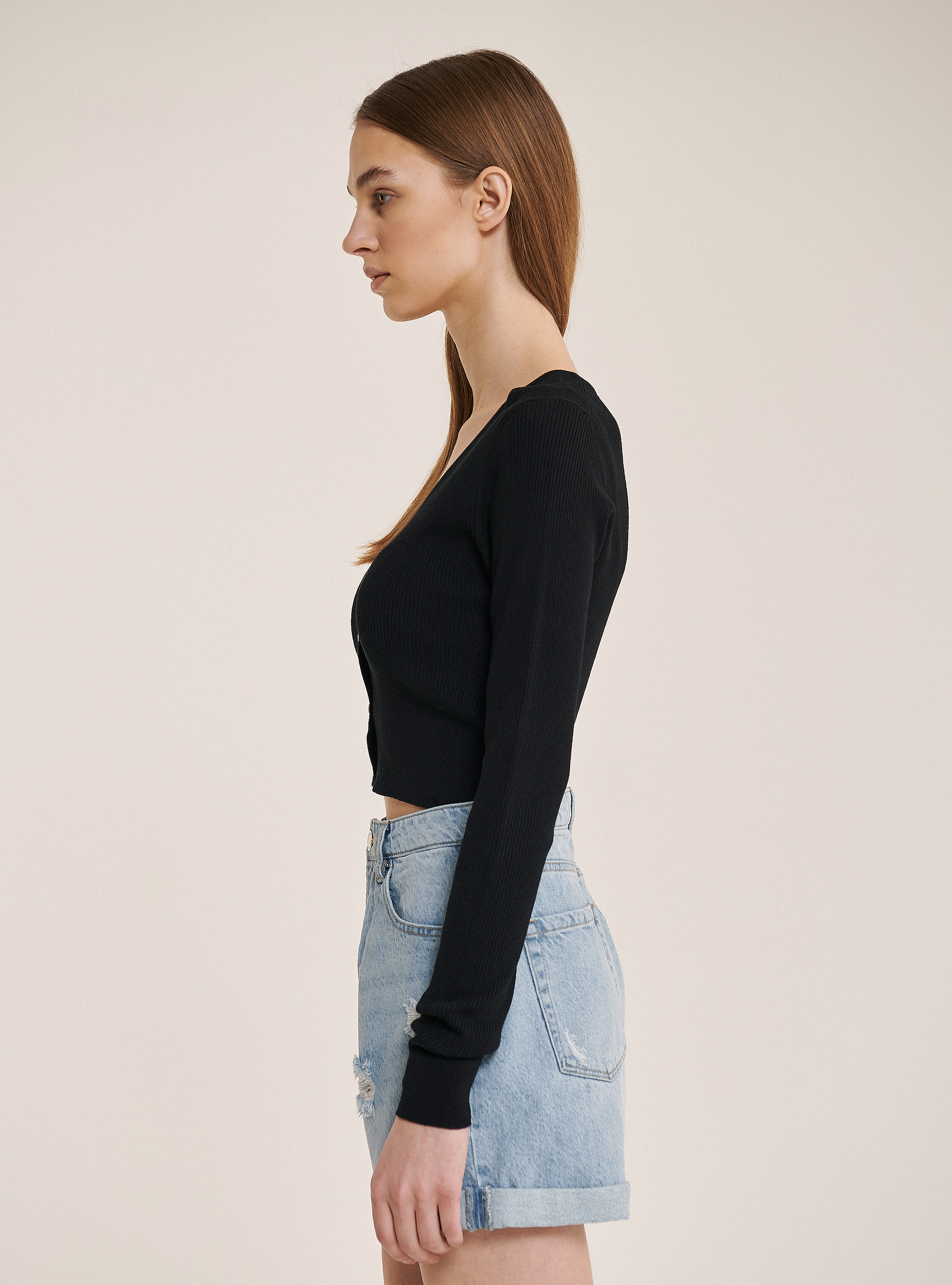 Cropped rib cardigan, BLACK