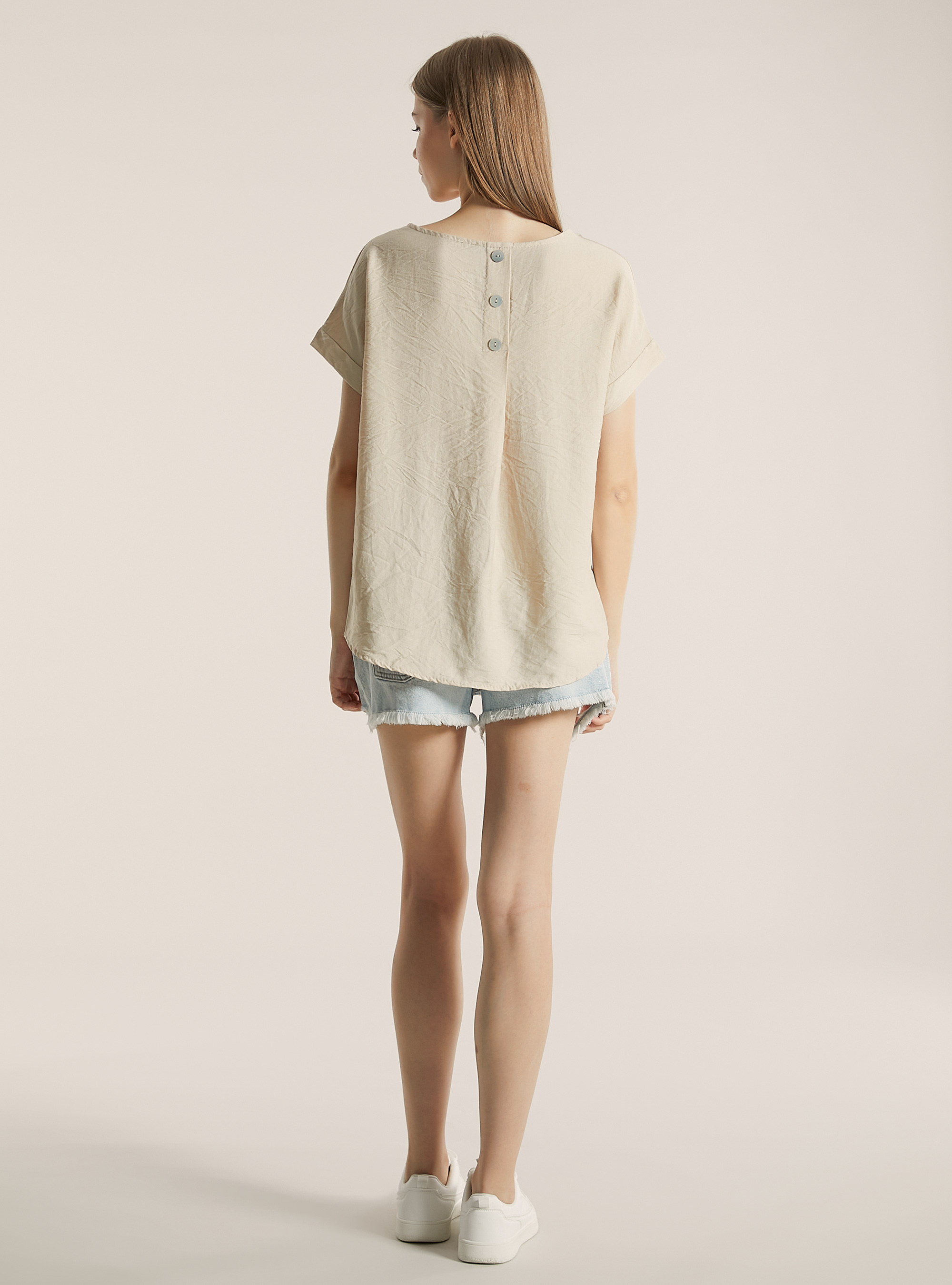 Blusa in canneté in tinta unita, BG2 BEIGE MEDIUM