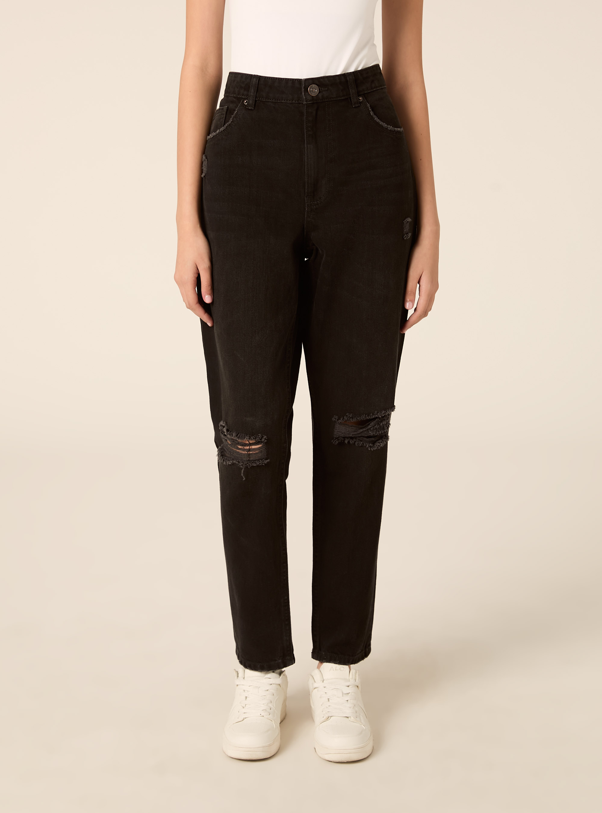 Mom fit jeans with rips, D000 BLACK