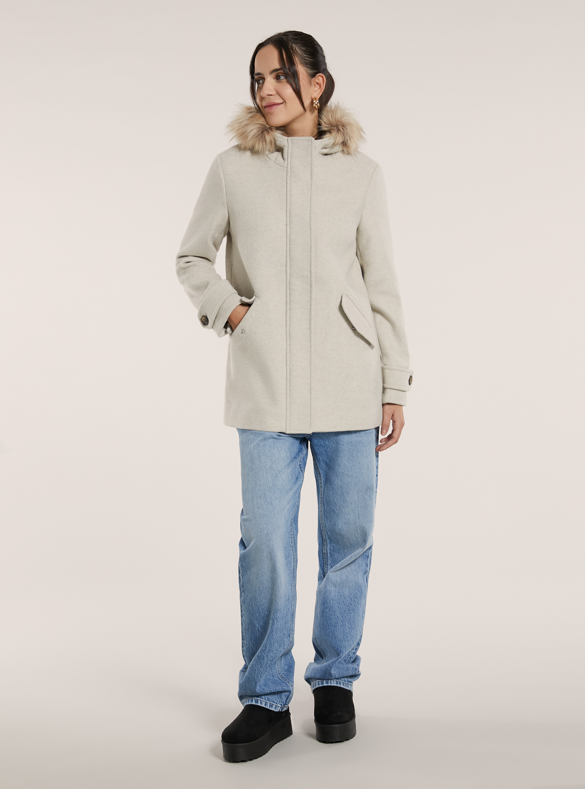 Cappotto corto con cappuccio, BG3 BEIGE LIGHT