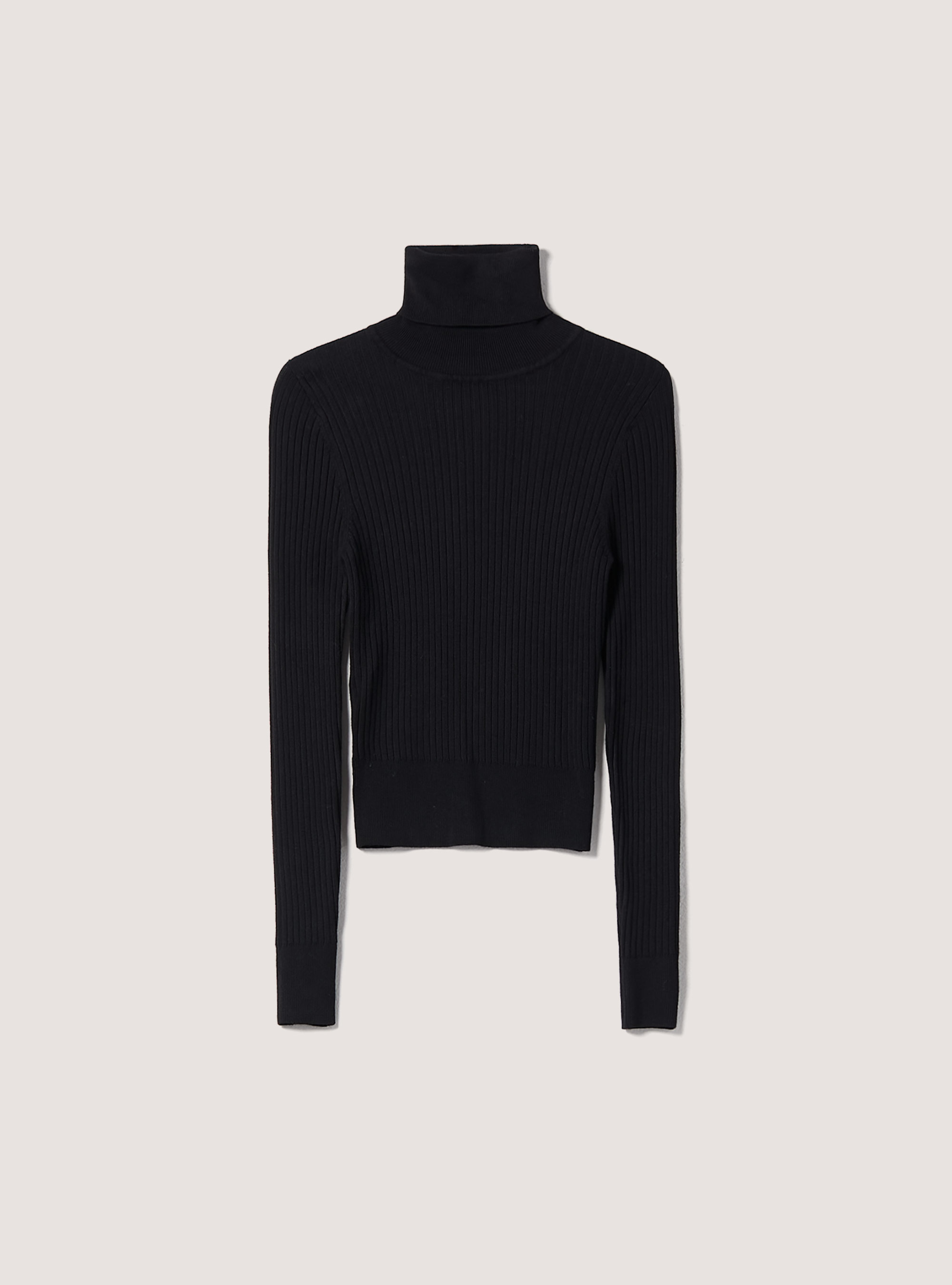 Pullover cropped a collo alto a coste, BK1 BLACK