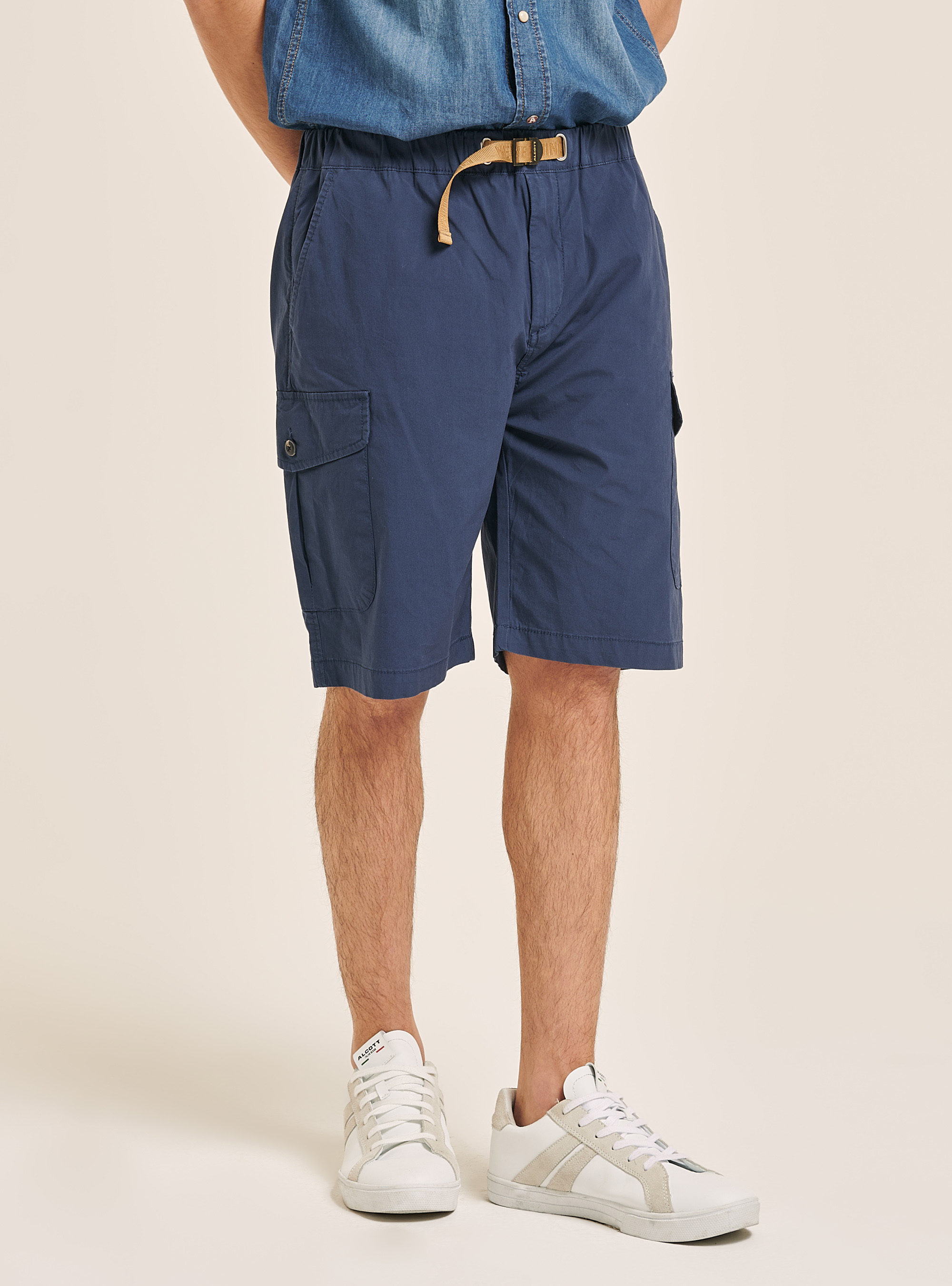 Cotton cargo bermuda with strap, BLUE