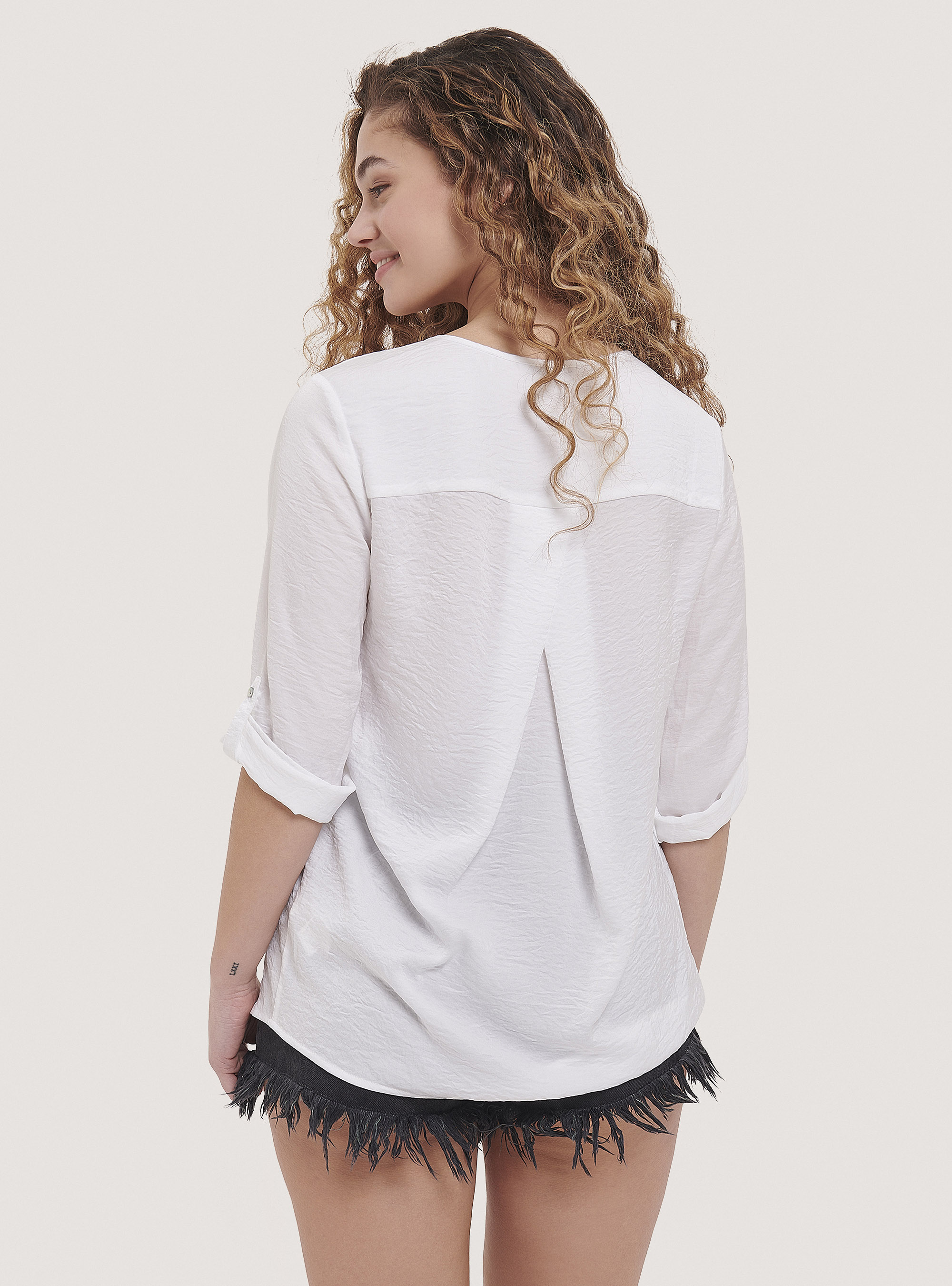 Blusa de color s&oacute;lido con escote, BLANCO