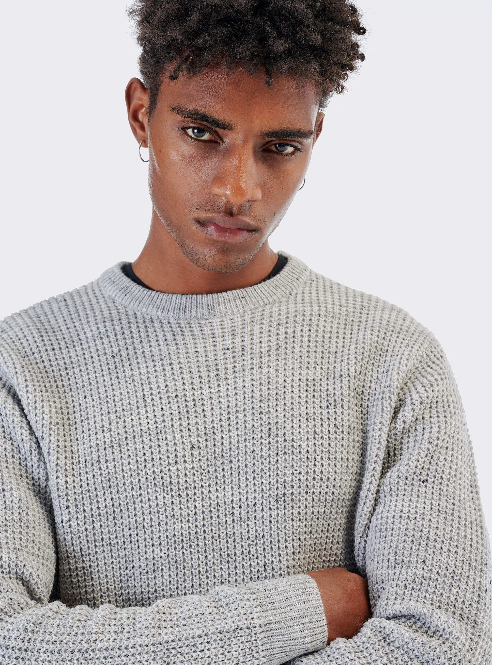 Pullover girocollo con naps in misto lana, GRIGIO MELANGE