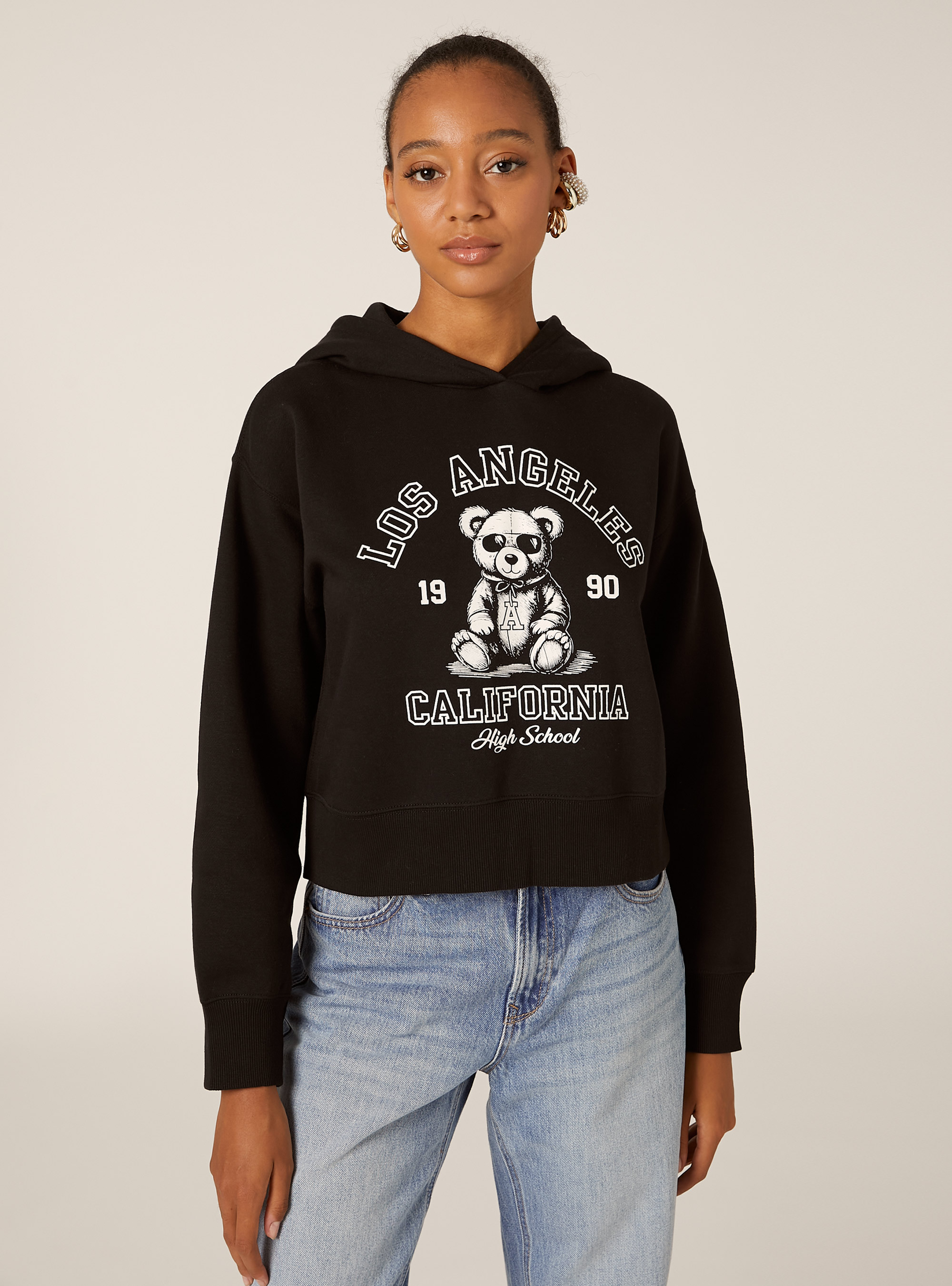 Felpa boxy cappuccio con stampa teddy, BK1 BLACK