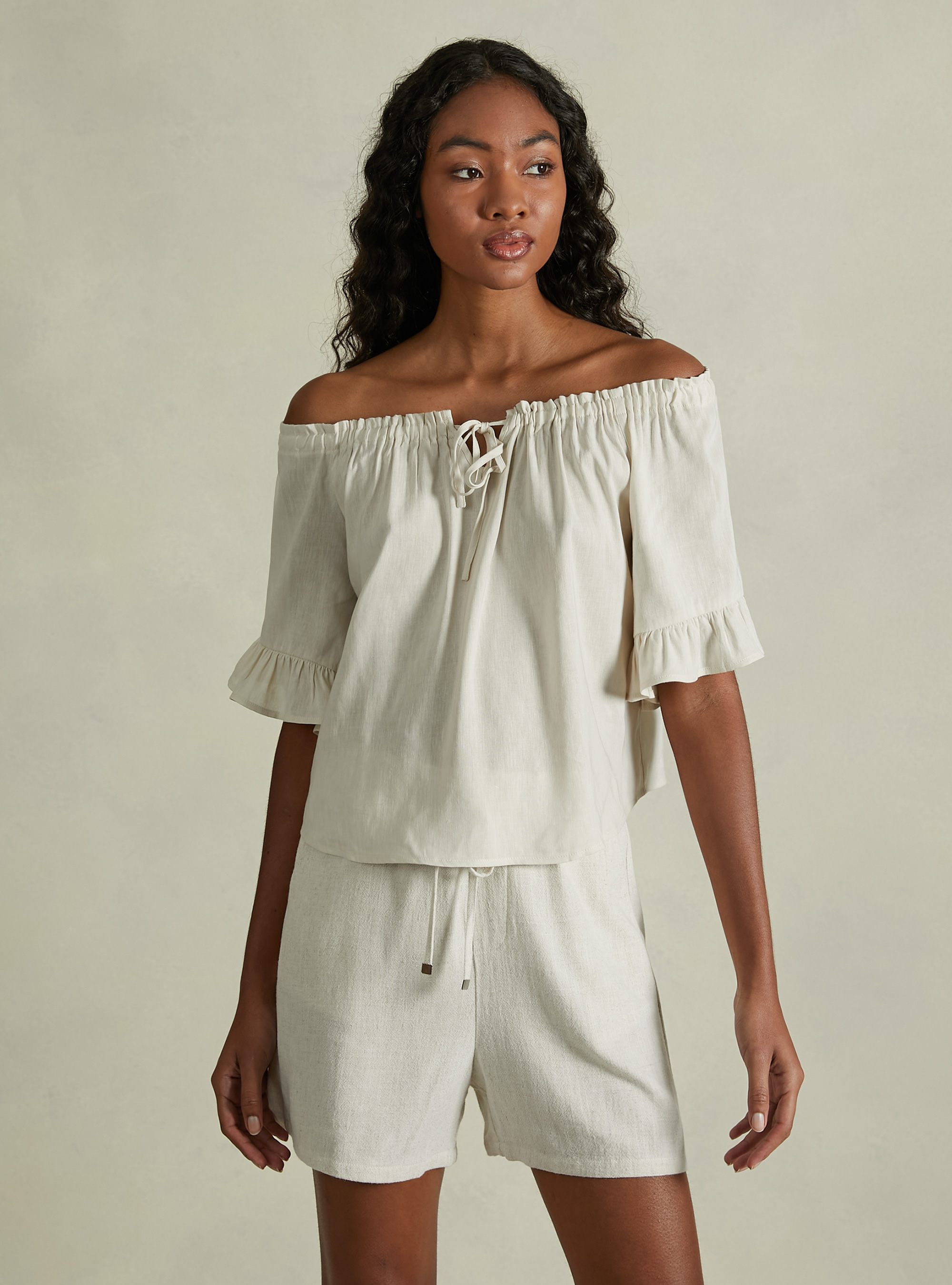 Linen blend blouse with bardot neckline, BG3 BEIGE LIGHT