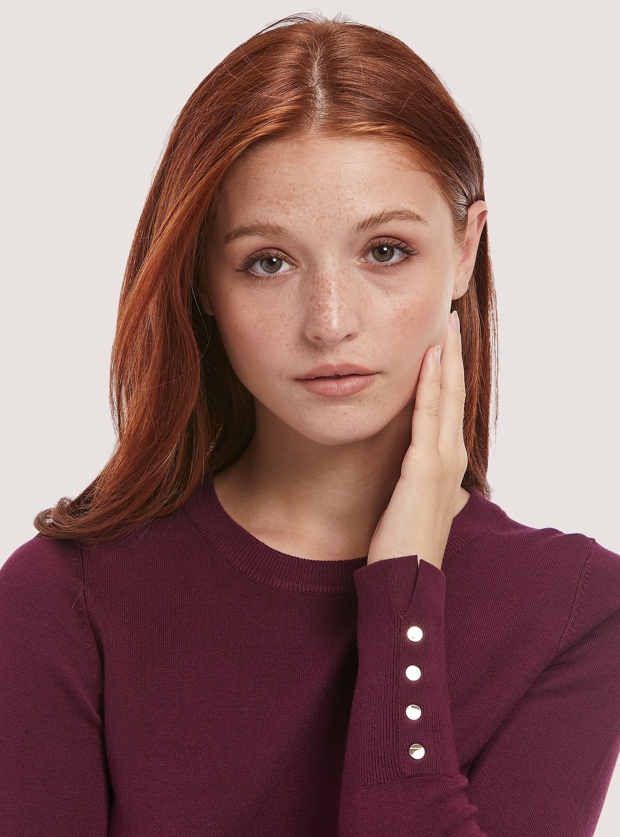 Jersey de cuello redondo con botones en la manga, BO1 BORDEAUX DARK