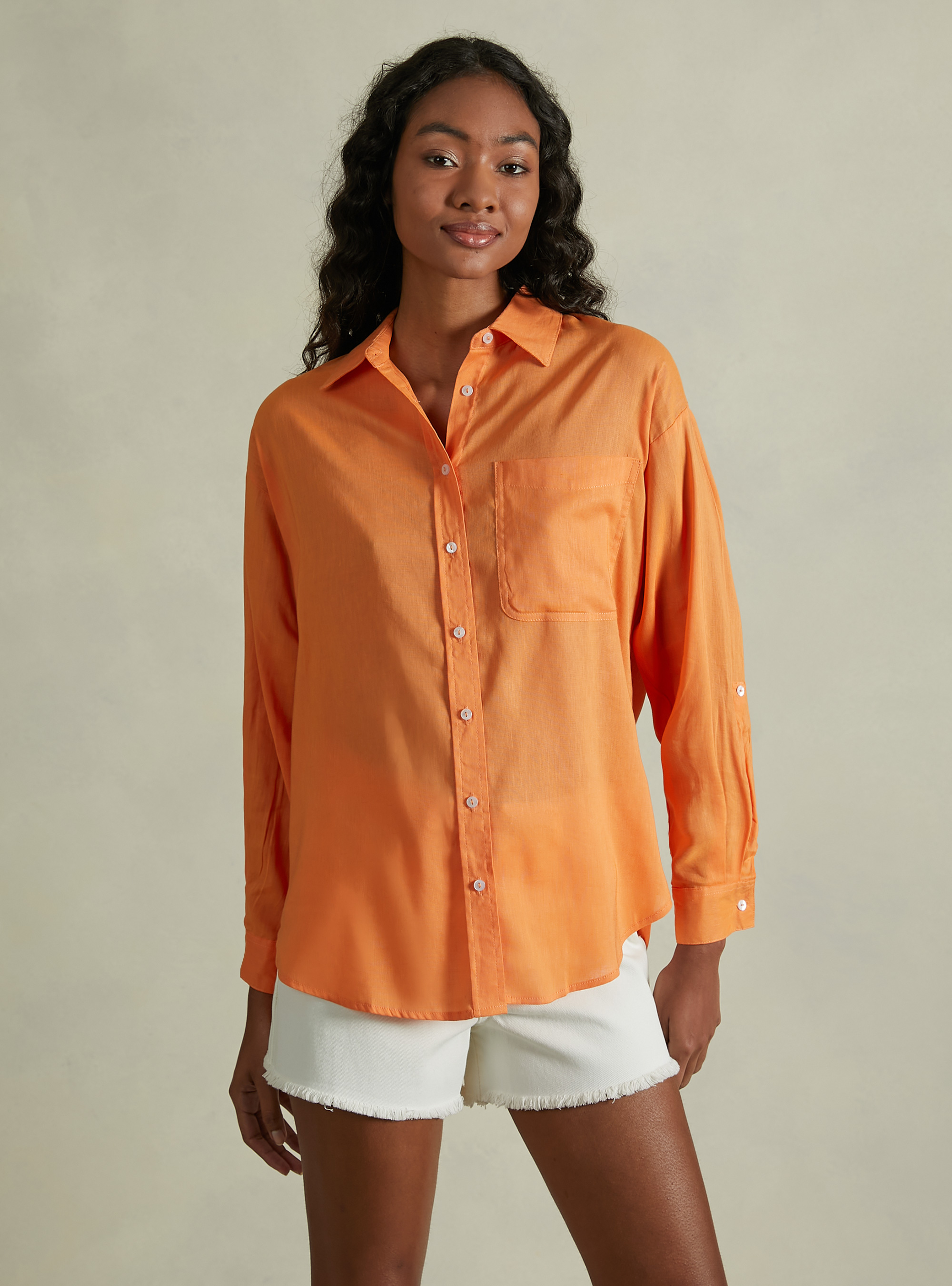 Linen blend shirt with breast pocket, OR3 ORANGE LIGHT
