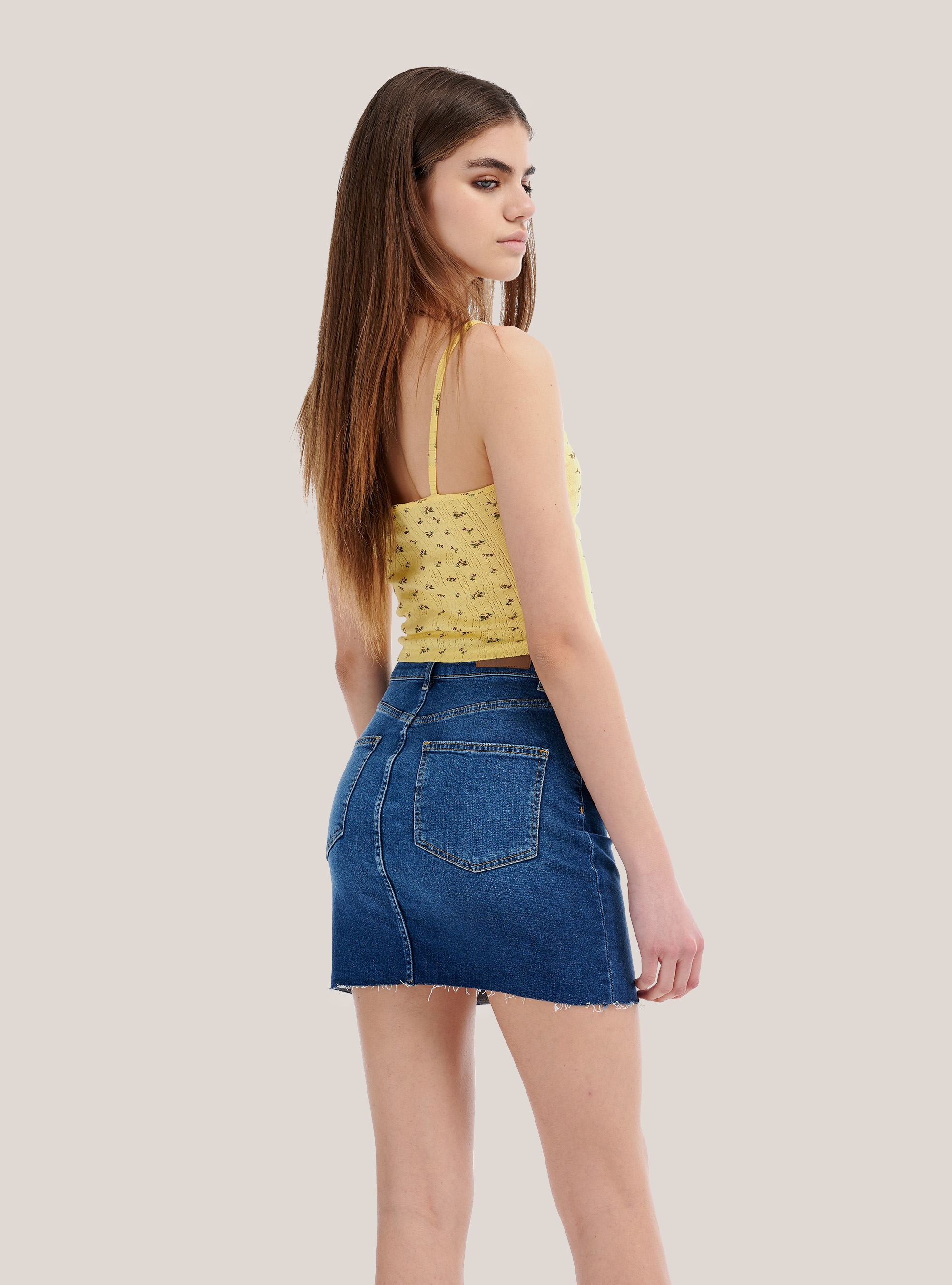 Cropped top a costina con stampa a fiori, C784 YELLOW