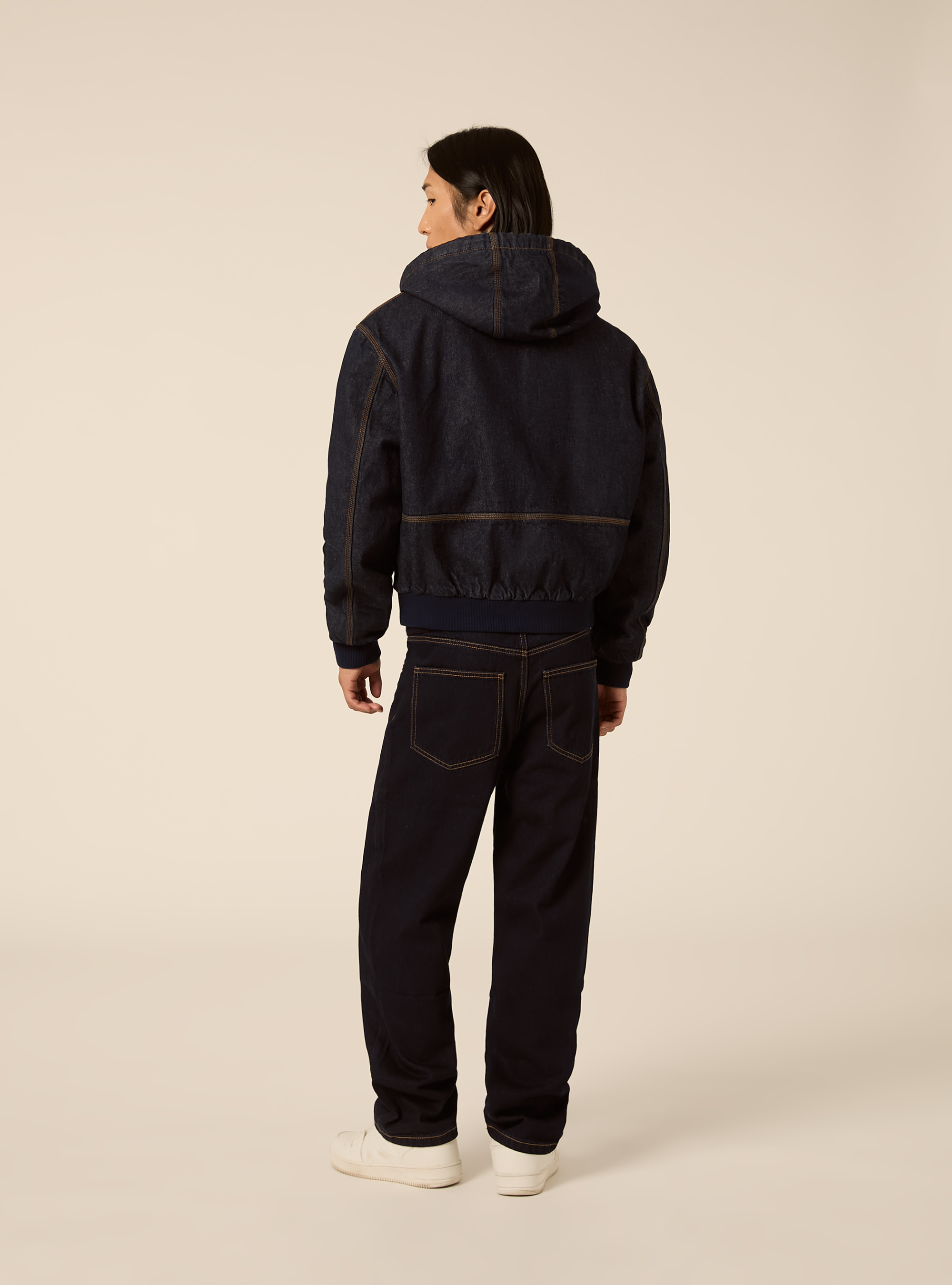 Giacca imbottita con cappuccio in denim, D001 DEEP BLUE