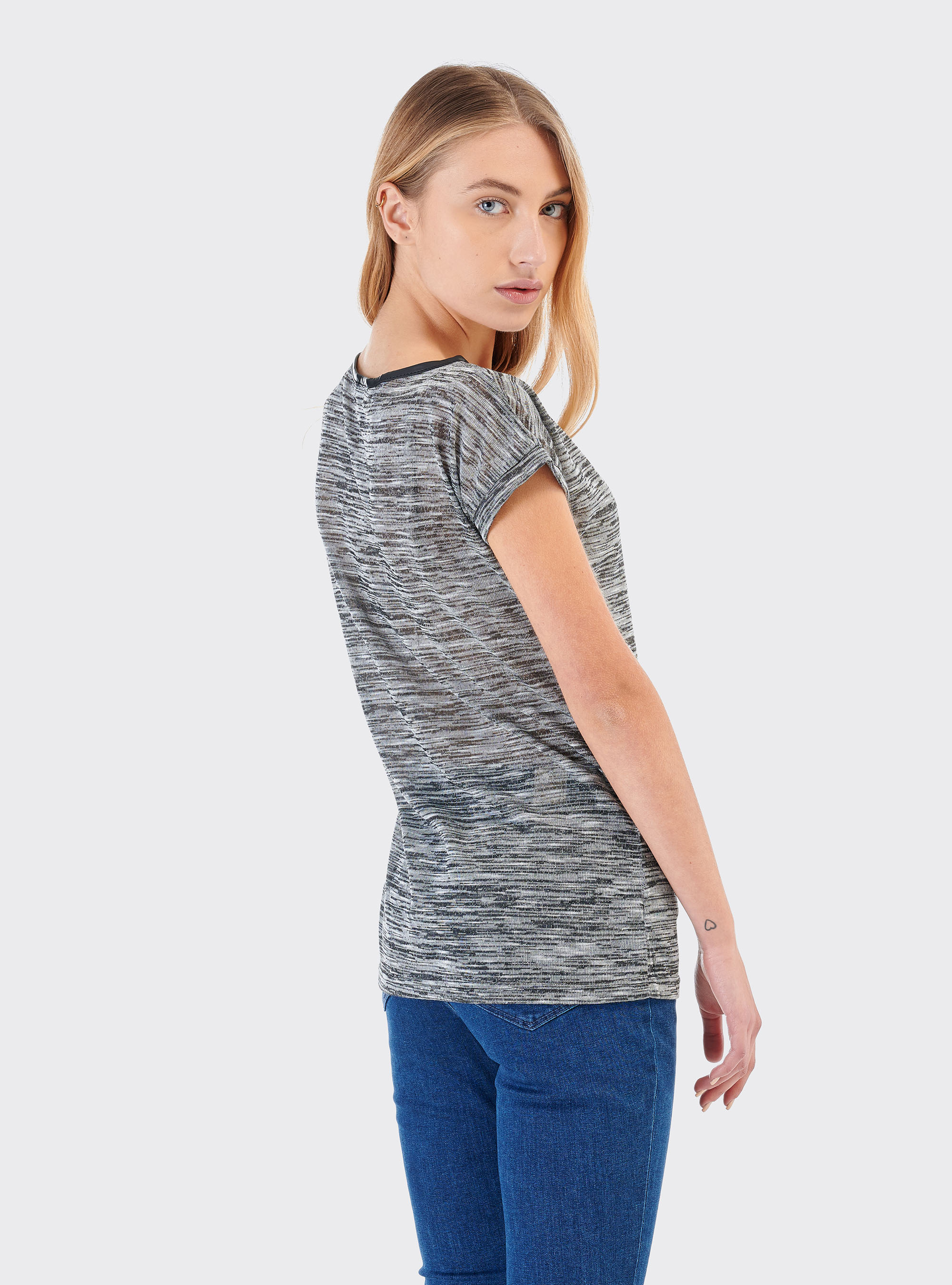 Maglietta a maniche corte con inserti effetto pelle, GREY MELANGE