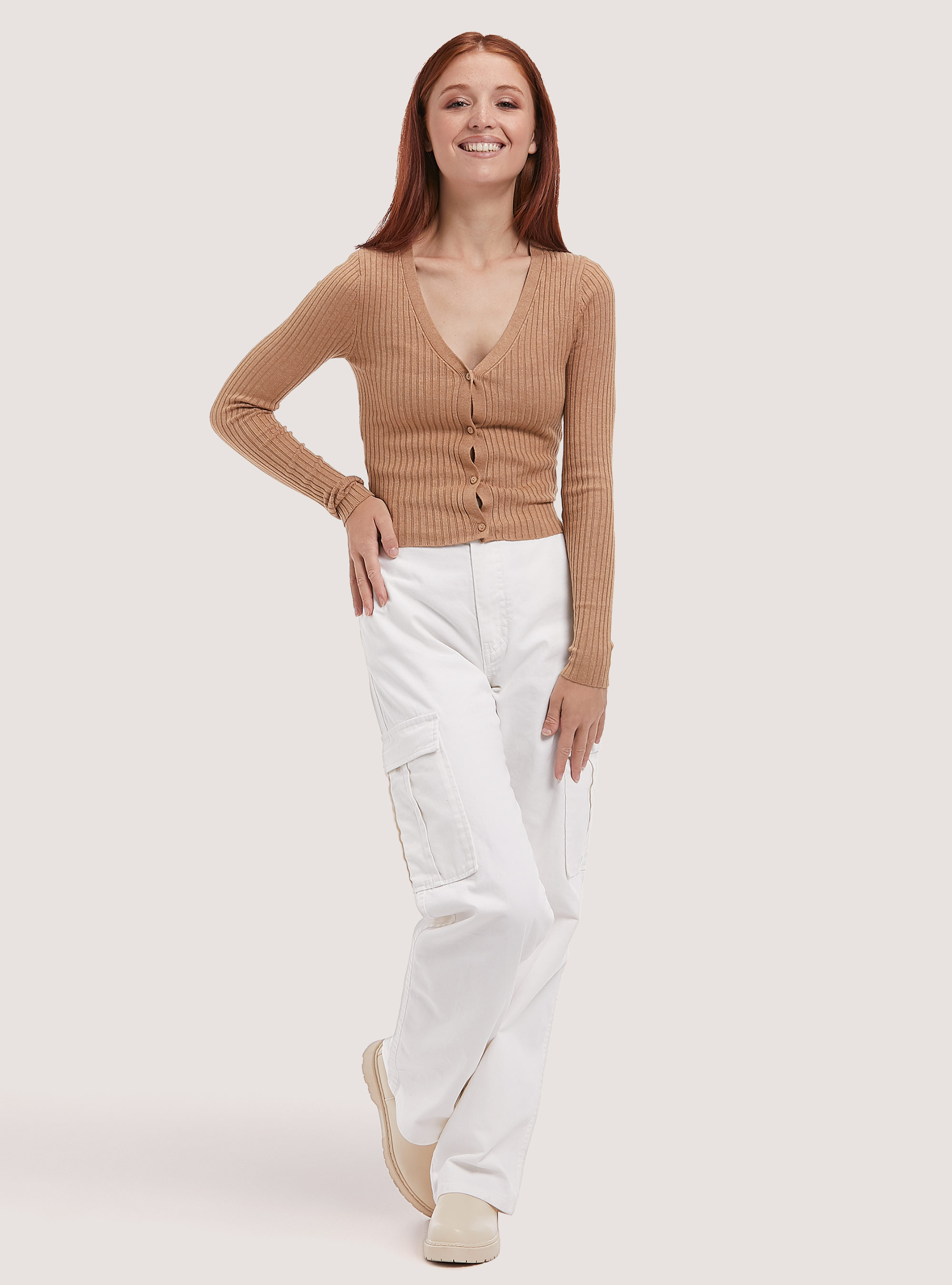 Cardigan cropped pullover cotelé, MBG2 BEIGE MEL MED