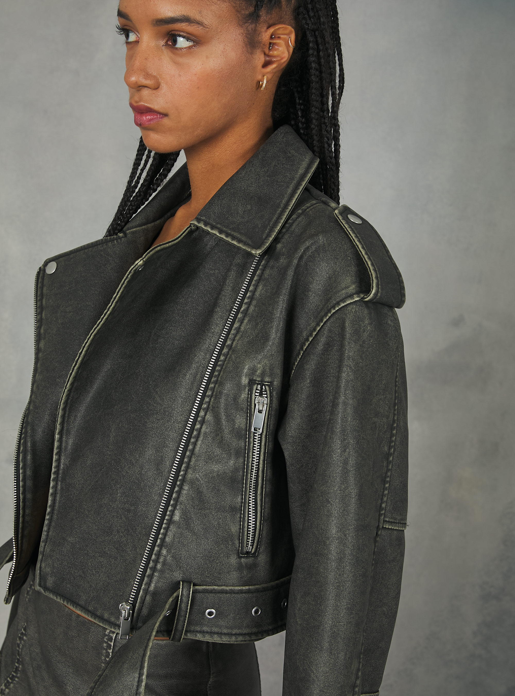 Worn leather effect biker jacket, BK3 BLACK CHARCOAL