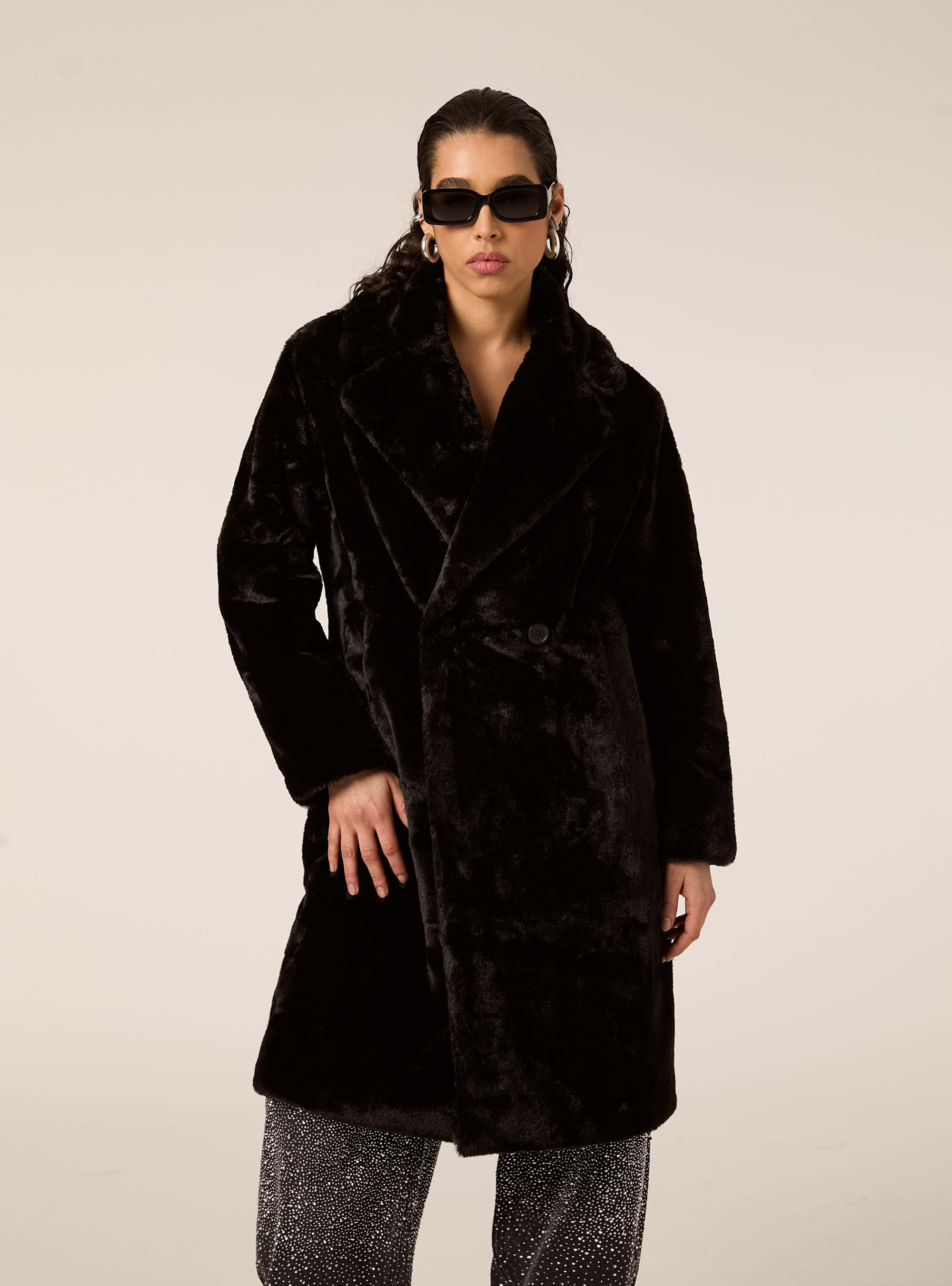 Cappotto in pelliccia sintetica, BK1 BLACK