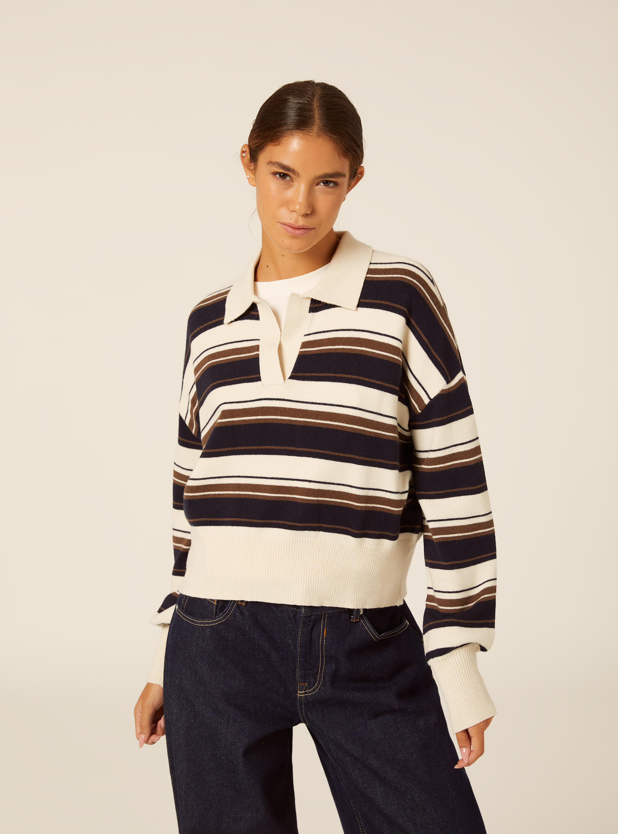 Striped rugby style polo sweater, NA1 NAVY DARK