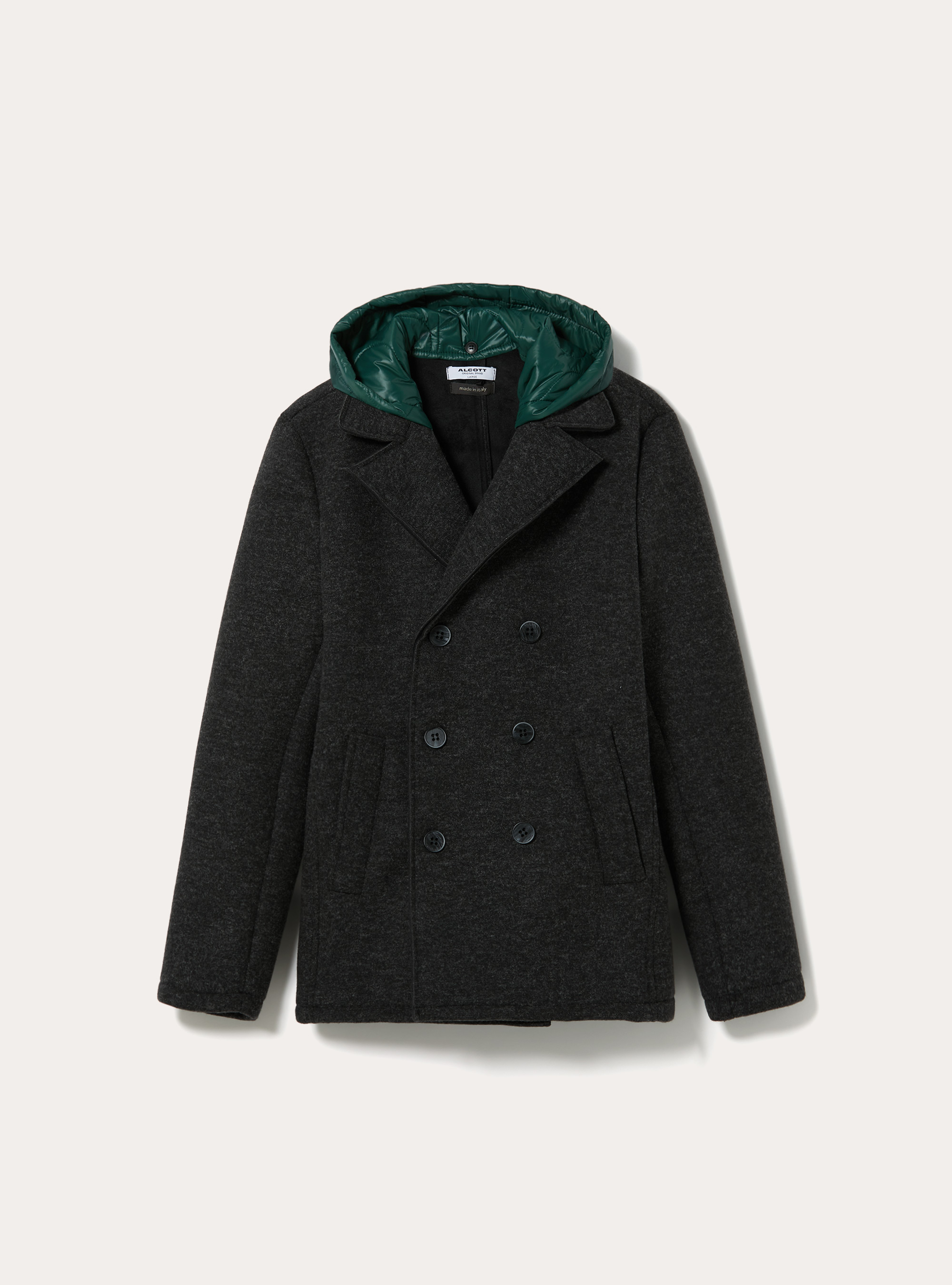 Cappotto doppiopetto con cappuccio trapuntato, MGY1 GREY MEL DARK