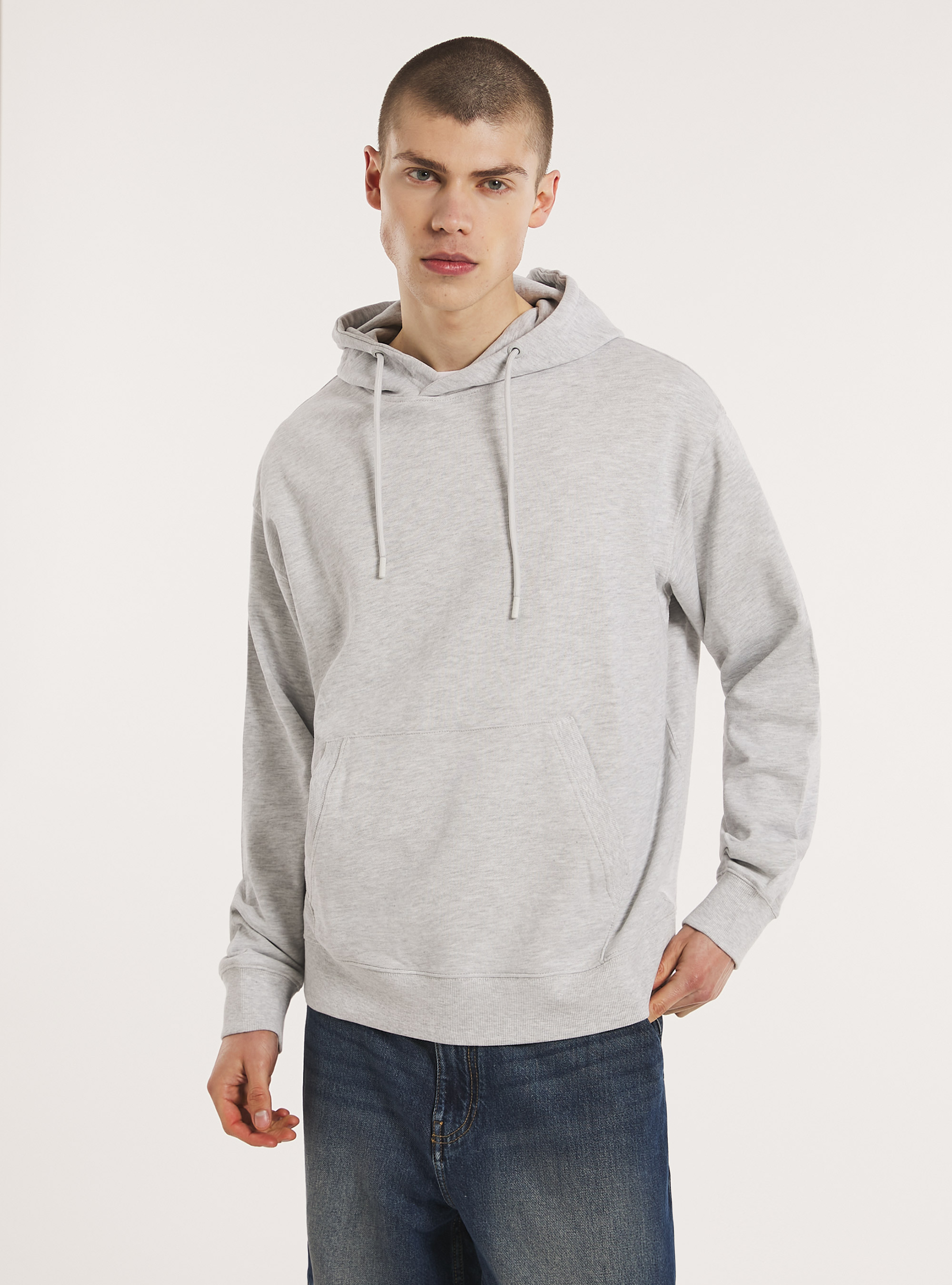 Sweatshirt with hood and pouch pocket, MGY3 GREY MEL LIGHT