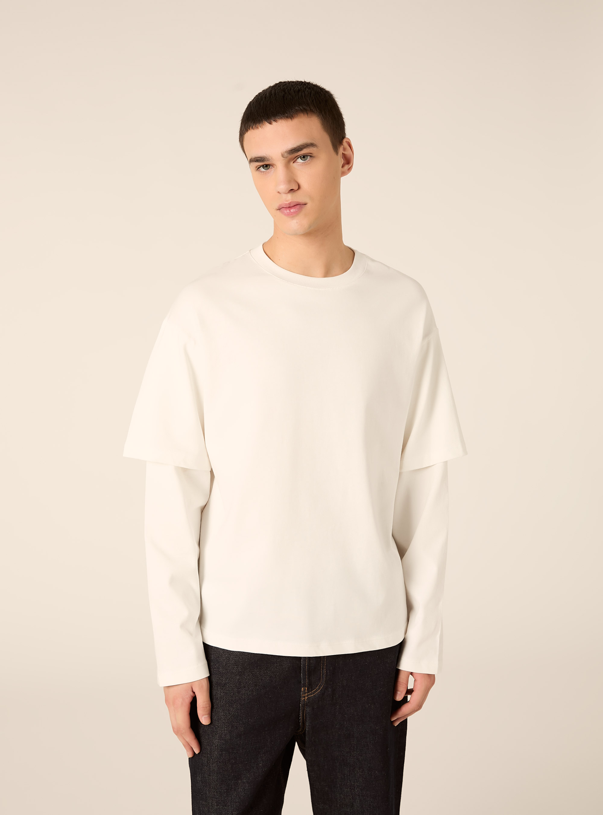T-shirt manica lunga con dettaglio mezza manica, WH1 OFF WHITE