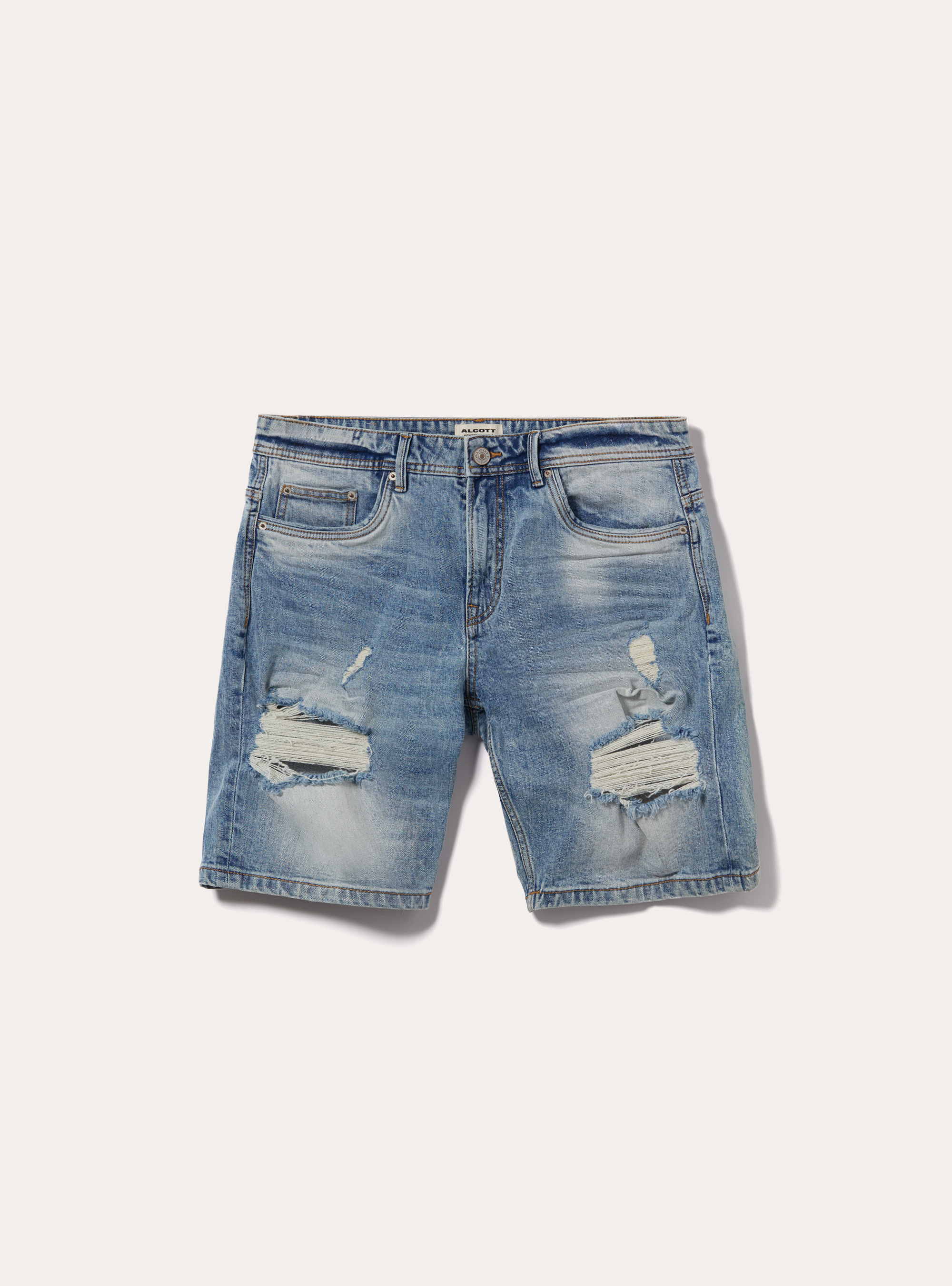 Bermuda en denim stretch à coupe étroite avec déchirures, D003 MEDIUM BLUE