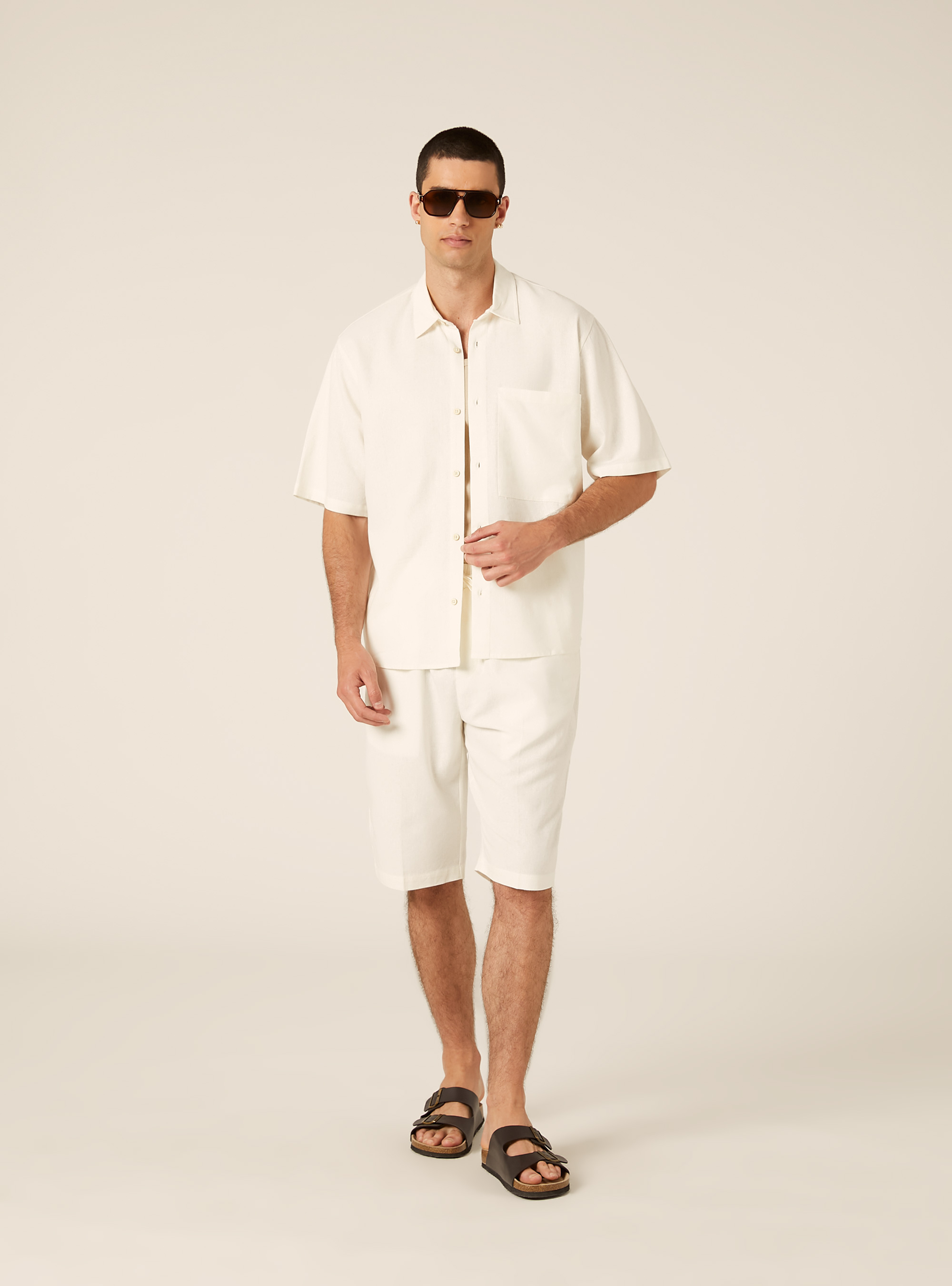Camicia  in misto lino  con taschino, WH2 WHITE