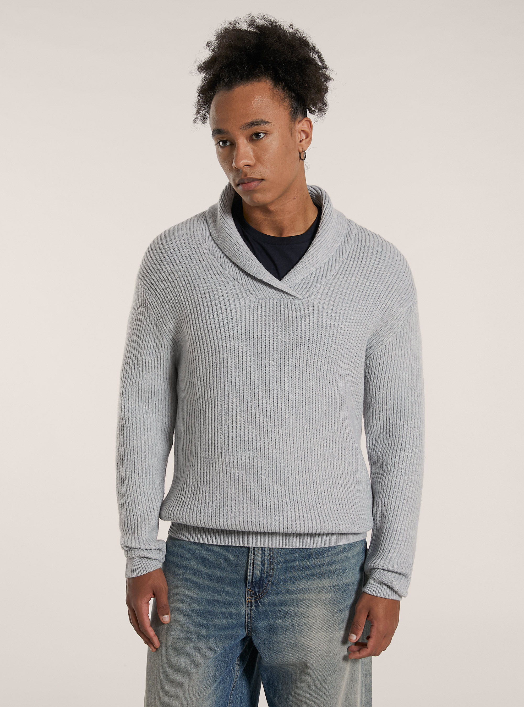 Soft ribbed pullover with raised collar, MGY3 GREY MEL LIGHT